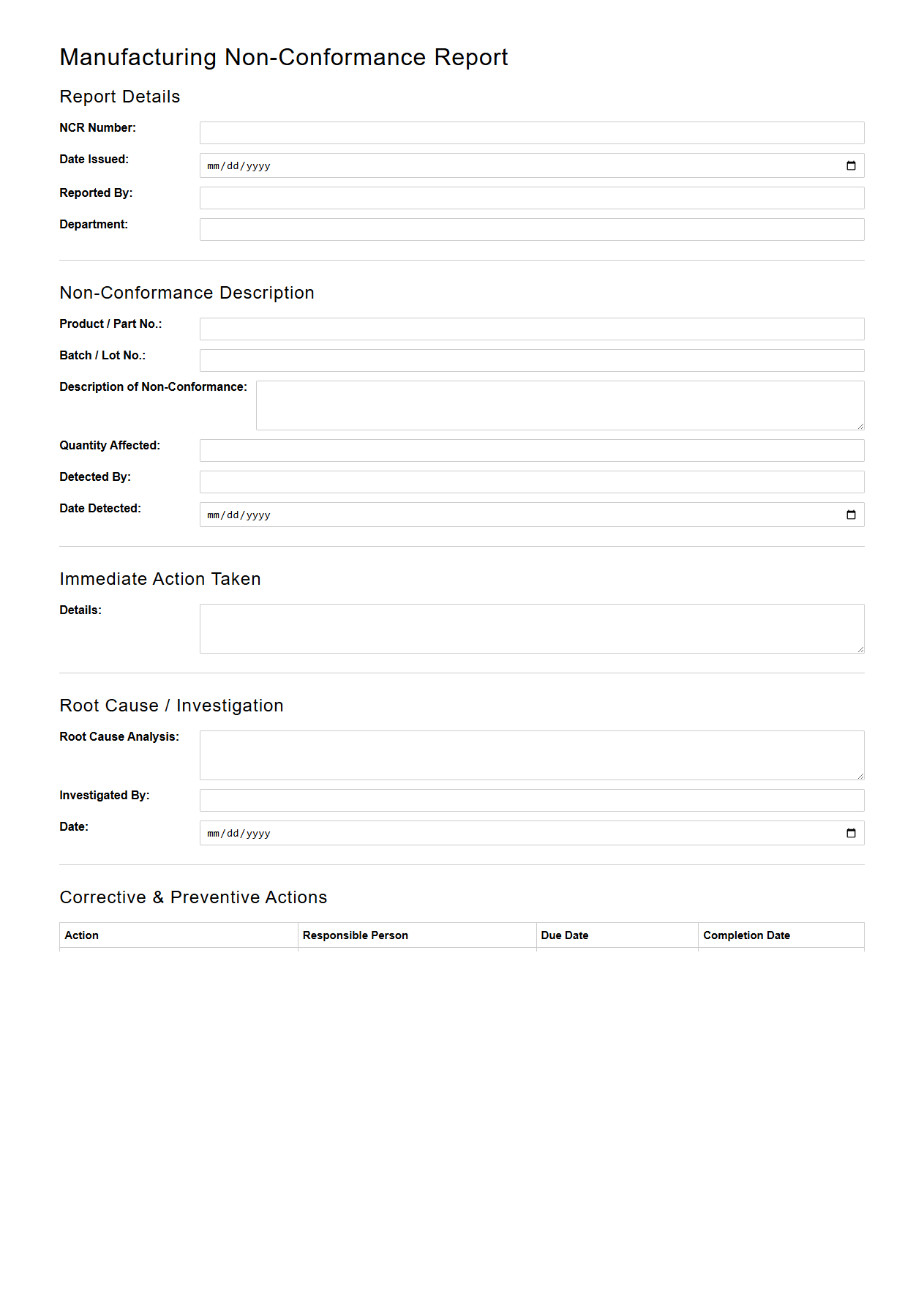 Manufacturing Non-Conformance Report Template