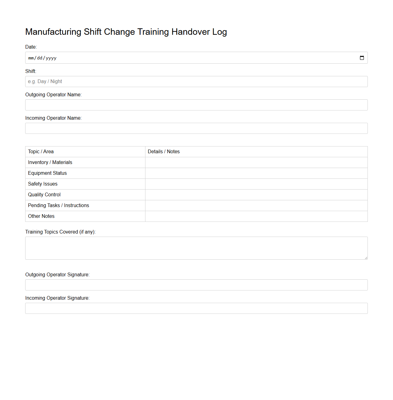 Manufacturing Shift Change Training Handover Log