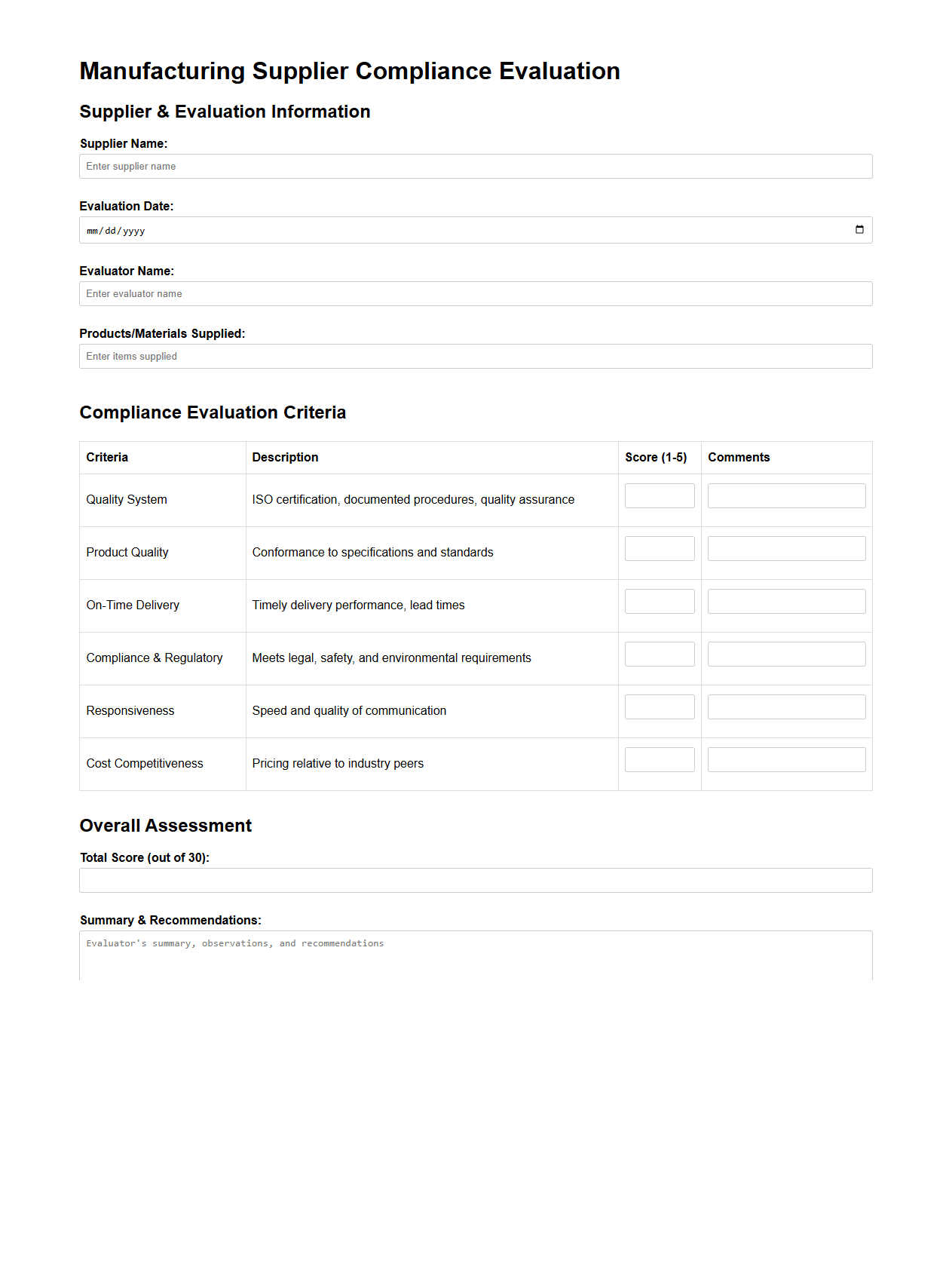 Manufacturing Supplier Compliance Evaluation Example