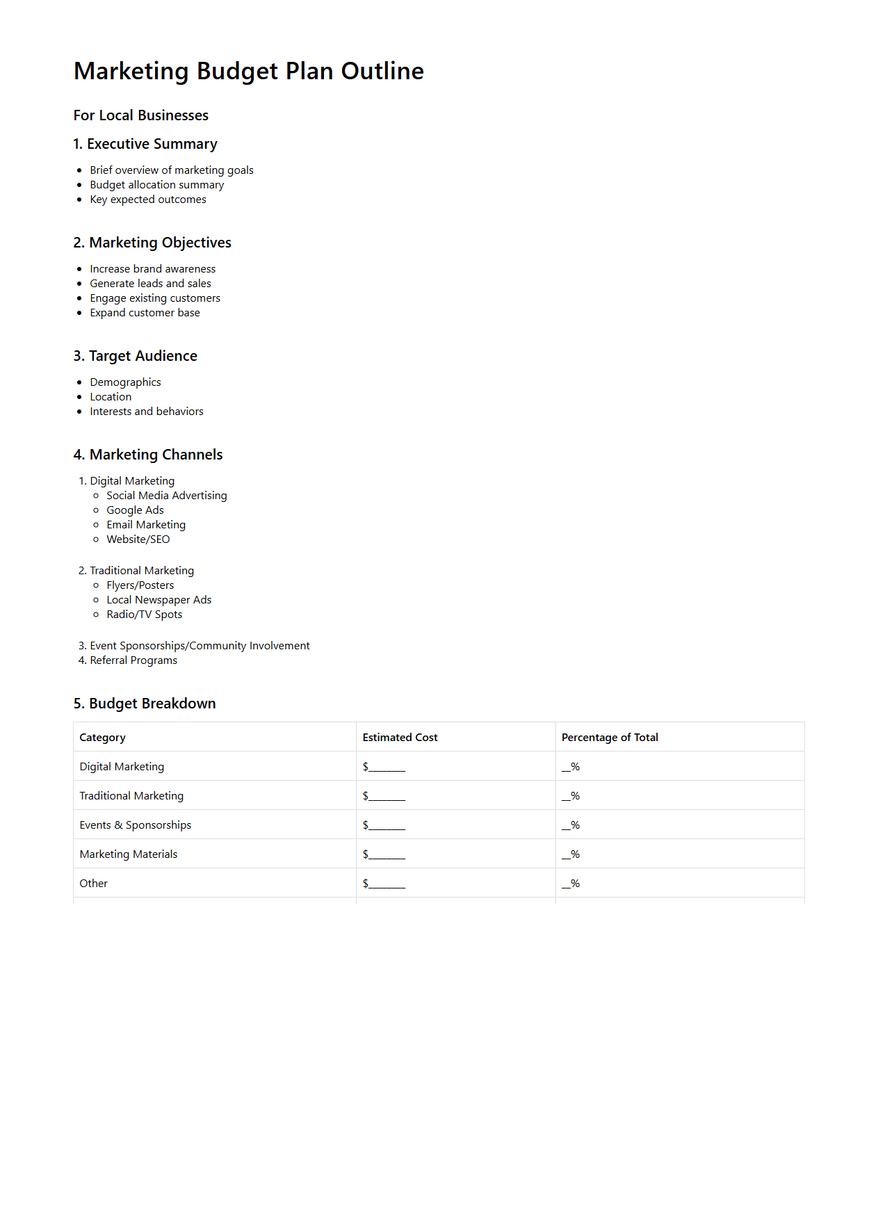 Marketing Budget Plan Outline for Local Businesses