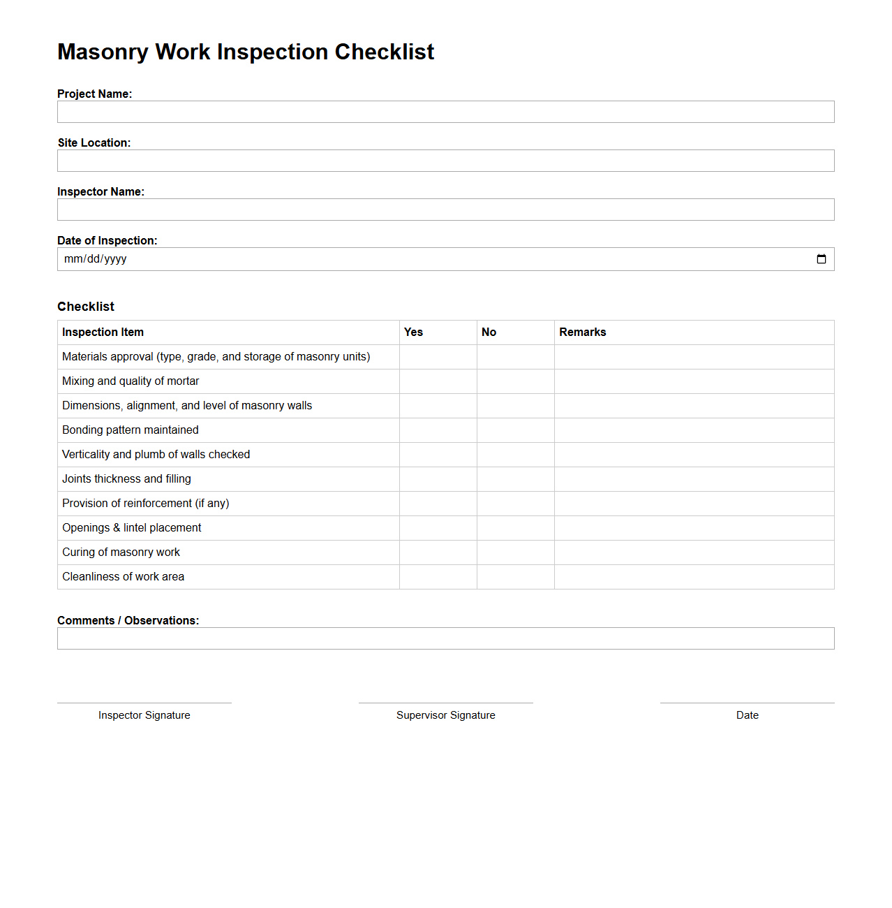 Masonry Work Inspection Checklist for Construction Sites