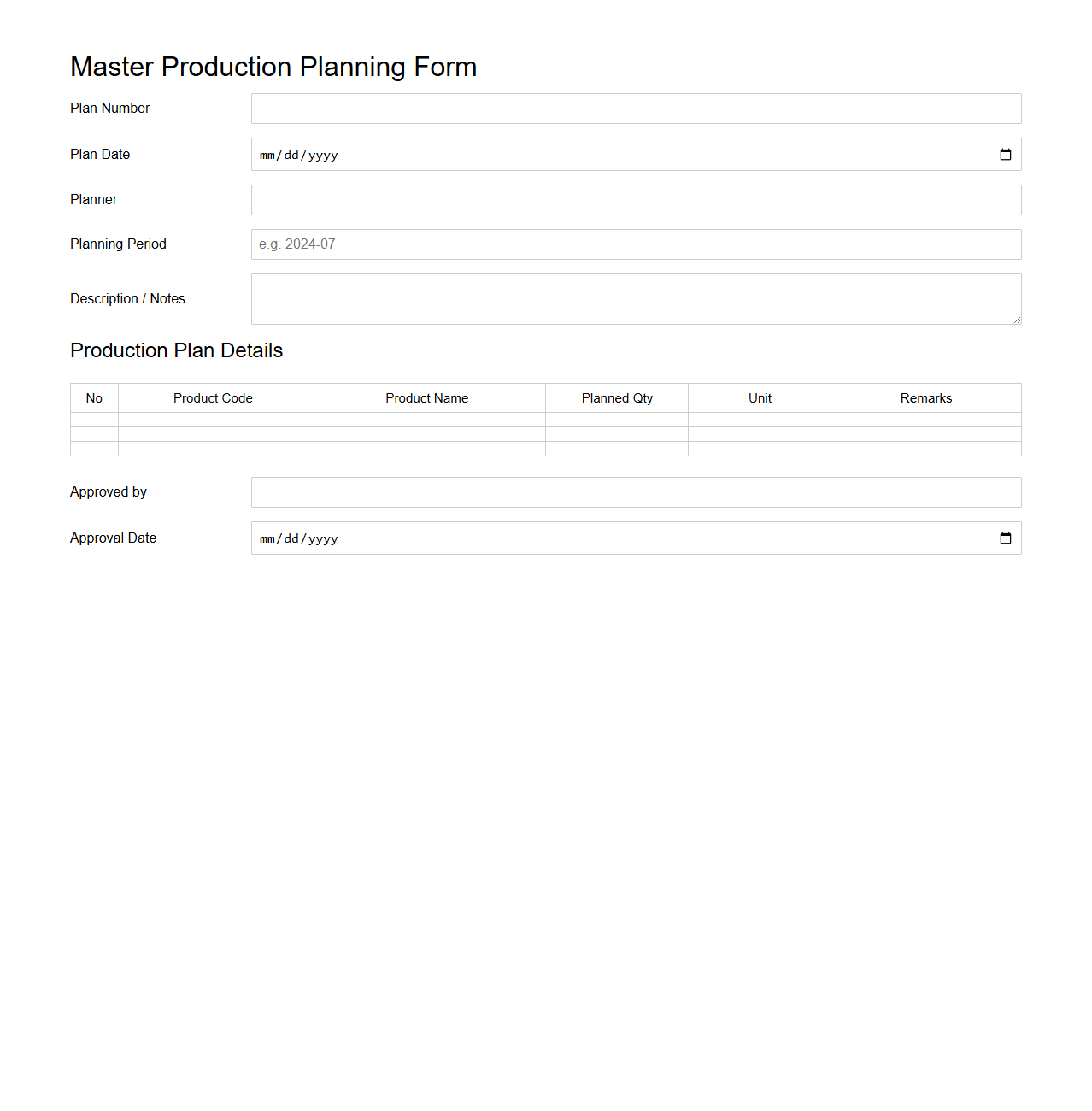 Master Production Planning Form