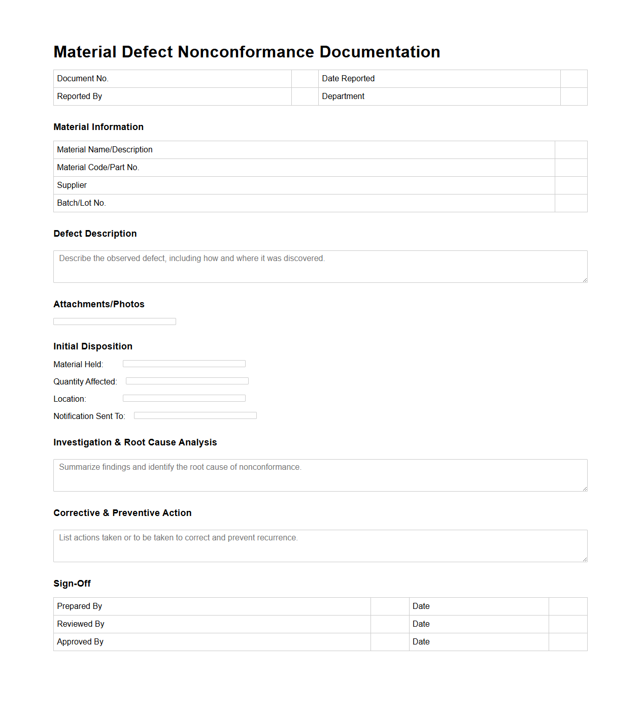 Material Defect Nonconformance Documentation Sample