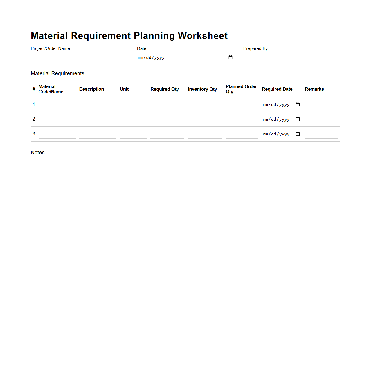 Material Requirement Planning Worksheet