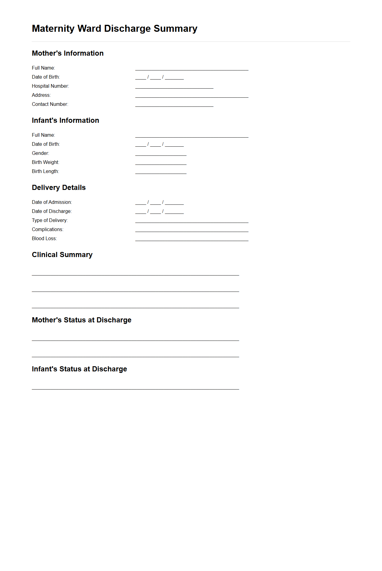 Maternity Ward Discharge Summary for New Mothers