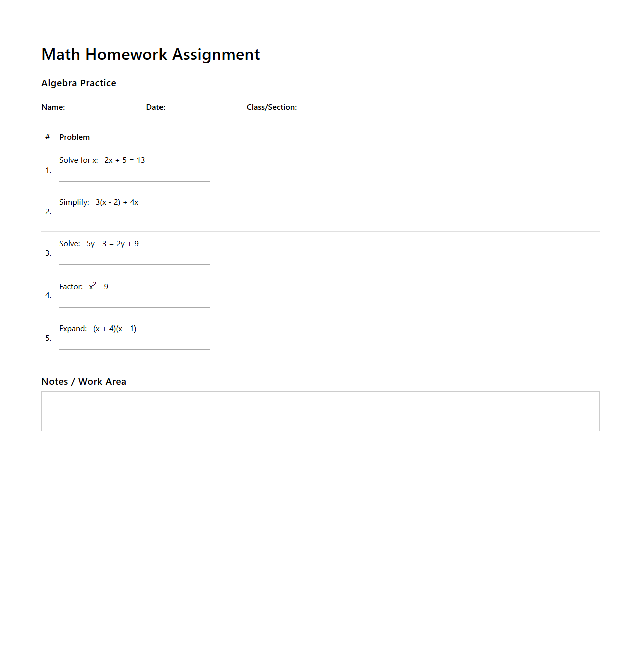Math Homework Assignment Template for Algebra Practice