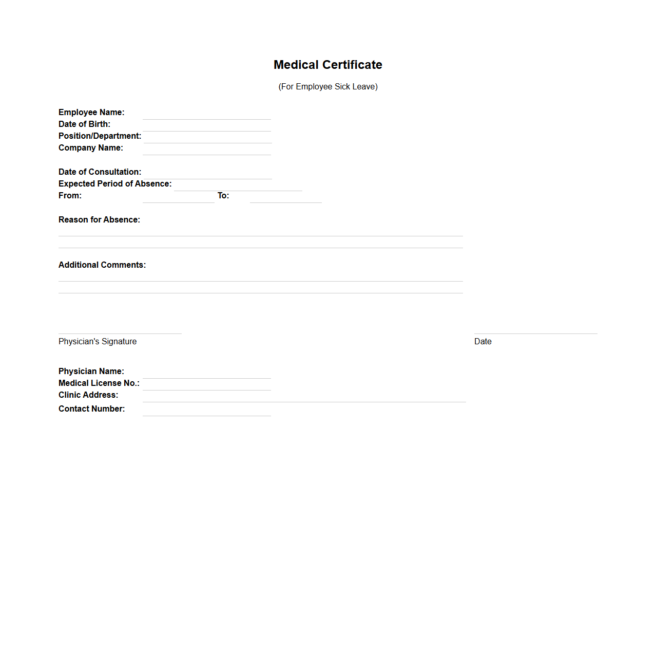 Medical Certificate for Employee Sick Leave