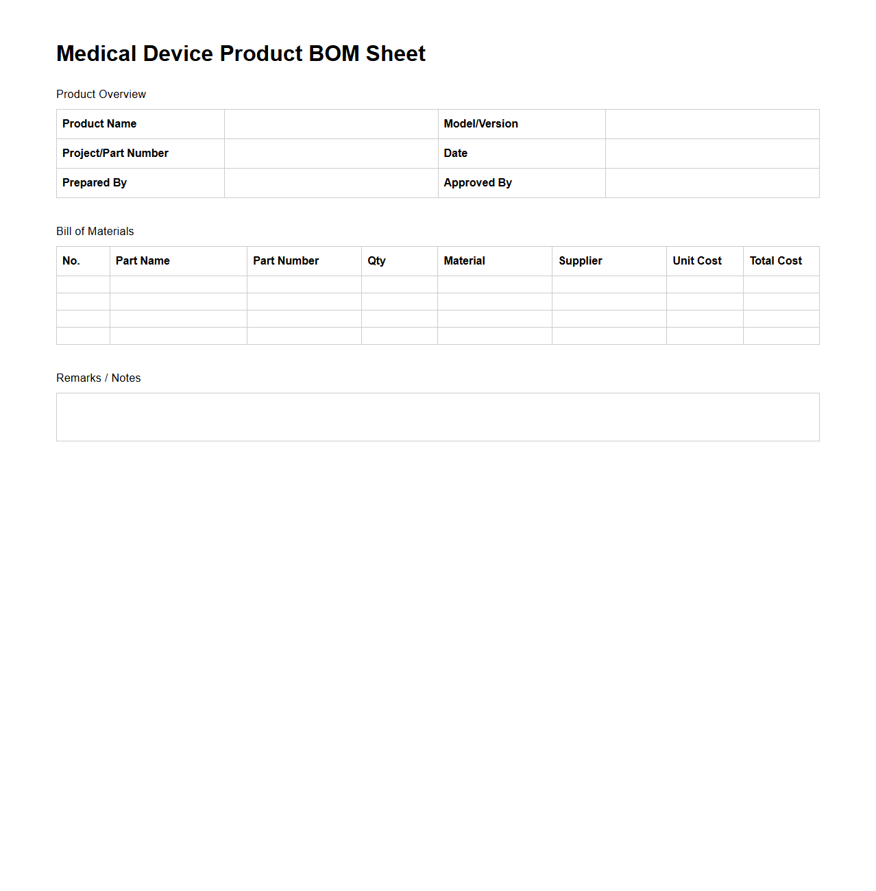 Medical Device Product BOM Sheet