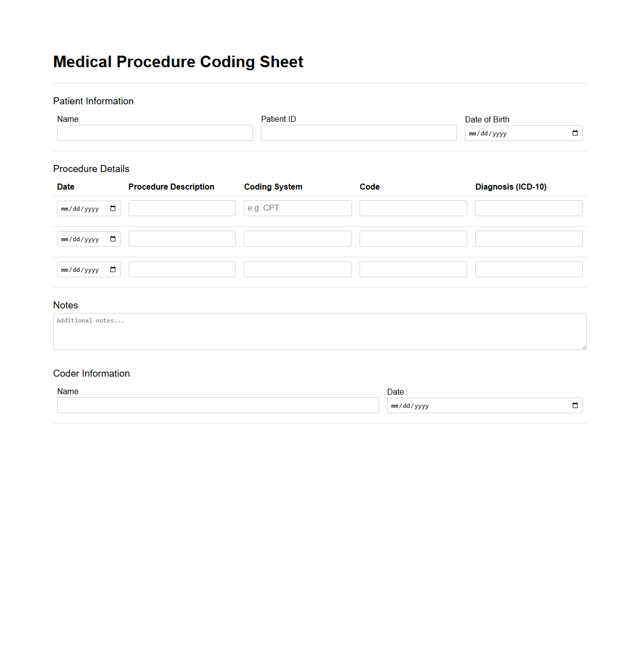 Medical Procedure Coding Sheet Example
