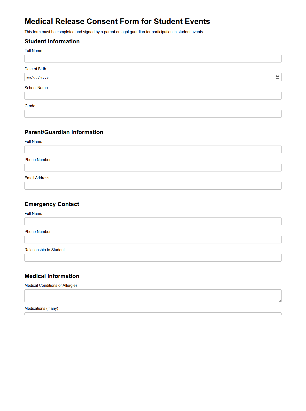 Medical Release Consent Form for Student Events
