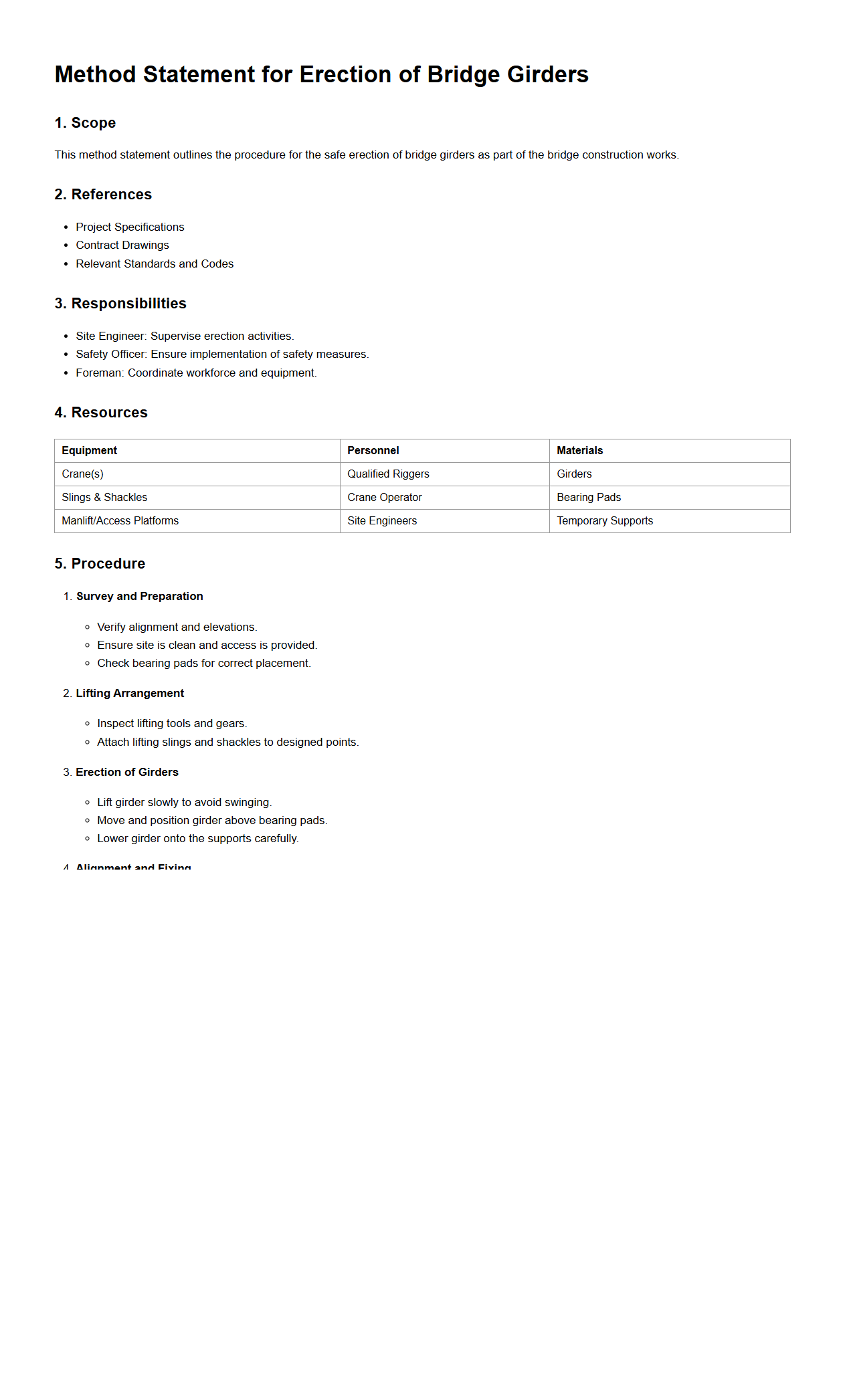 Method Statement for Erection of Bridge Girders
