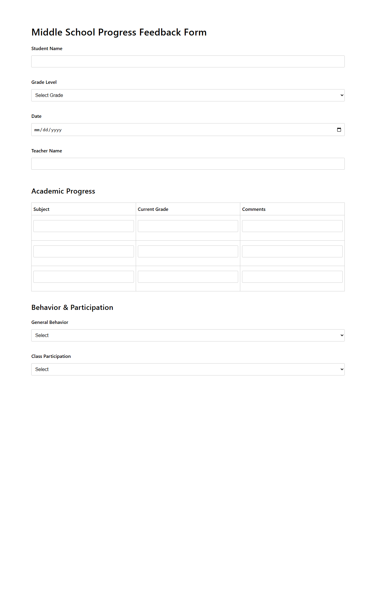 Middle School Progress Feedback Form for Parent Communication