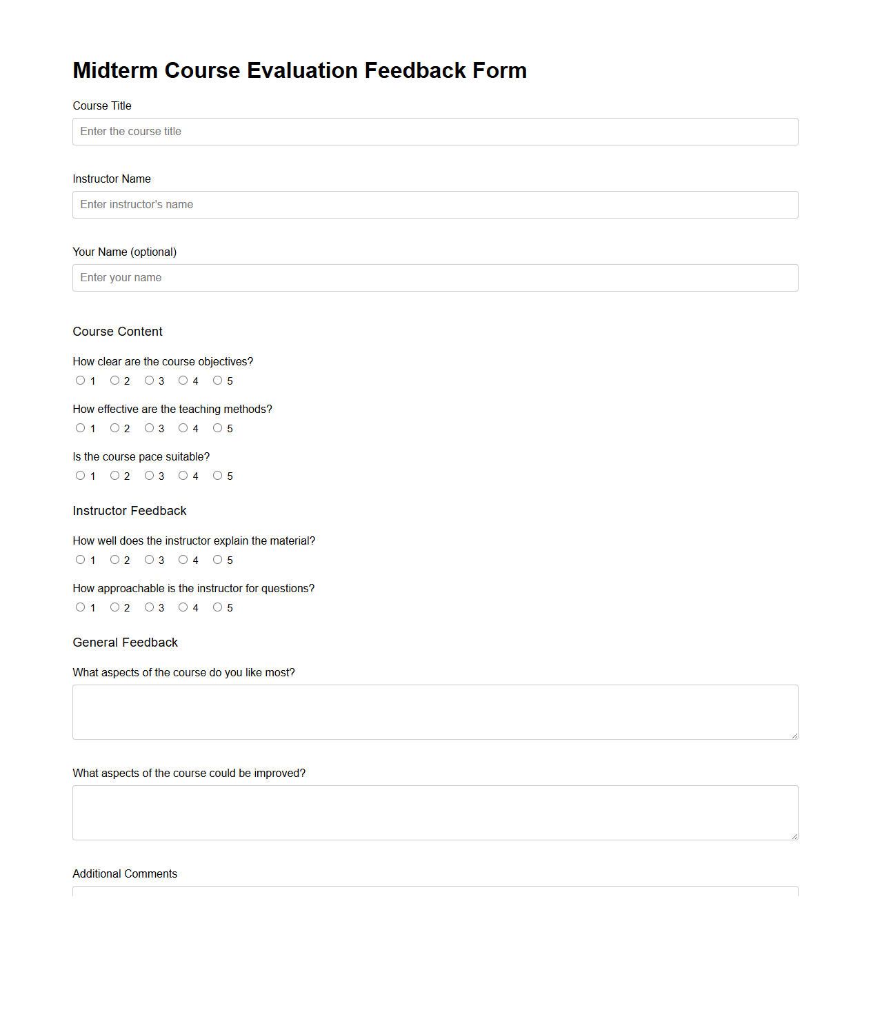 Midterm Course Evaluation Feedback Form