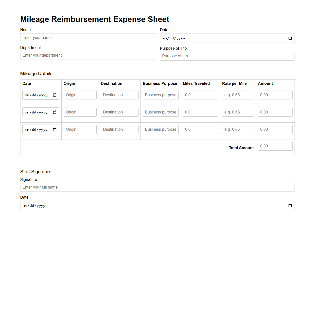 Mileage Reimbursement Expense Sheet for Staff
