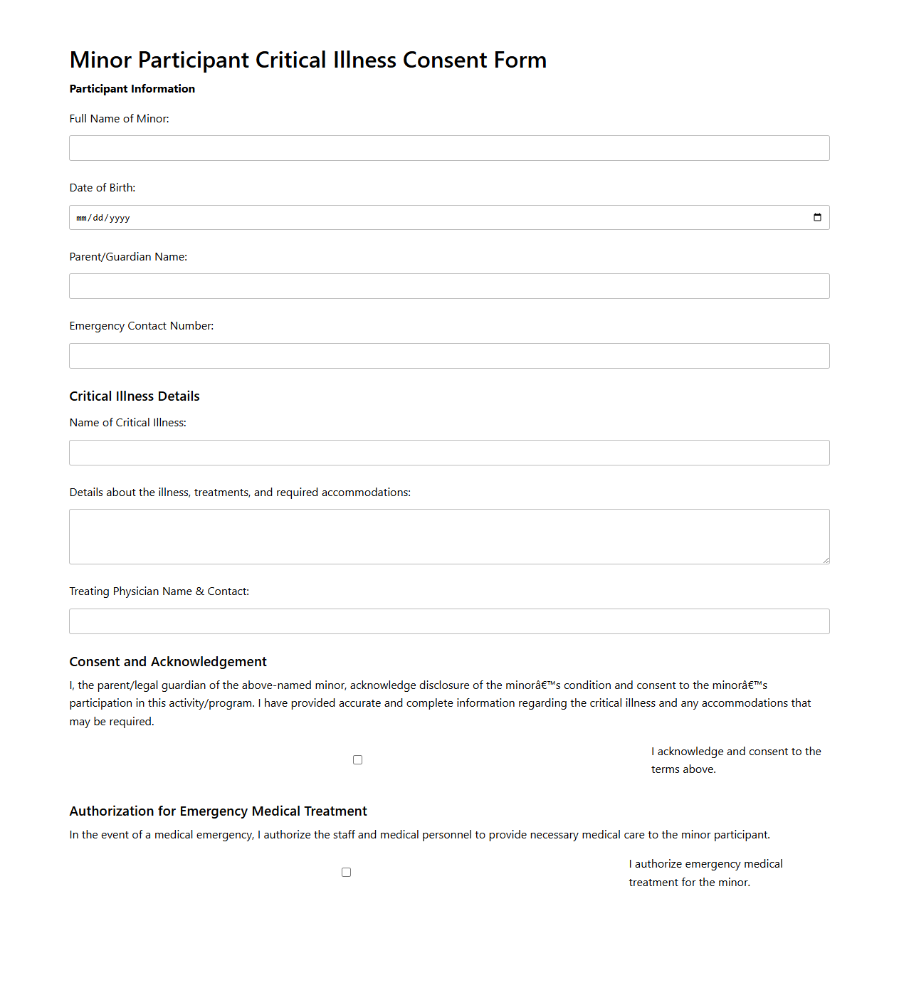 Minor Participant Critical Illness Consent Form Example