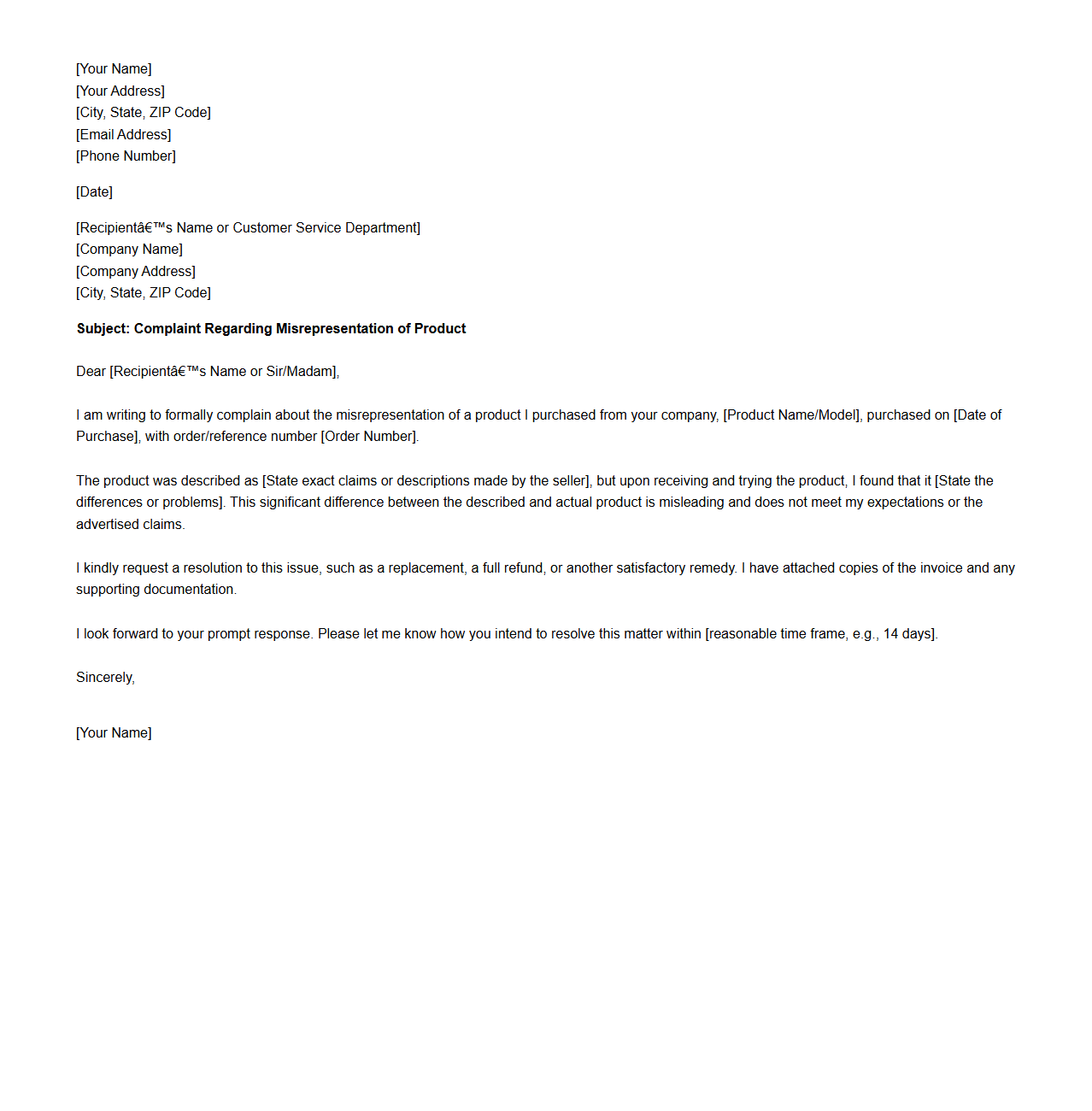 Misrepresentation of Product Complaint Letter Example