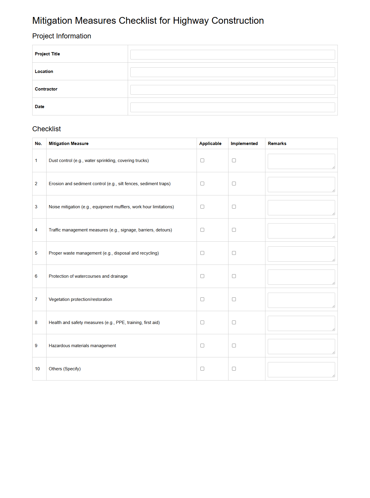 Mitigation Measures Checklist for Highway Construction