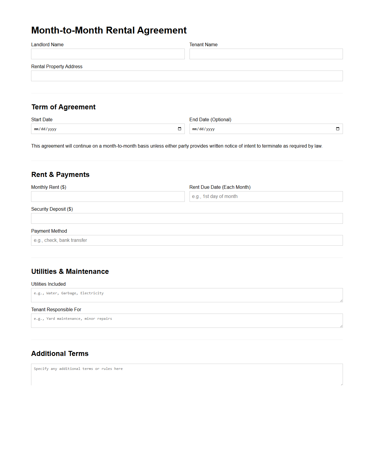 Month-to-Month Rental Agreement Form
