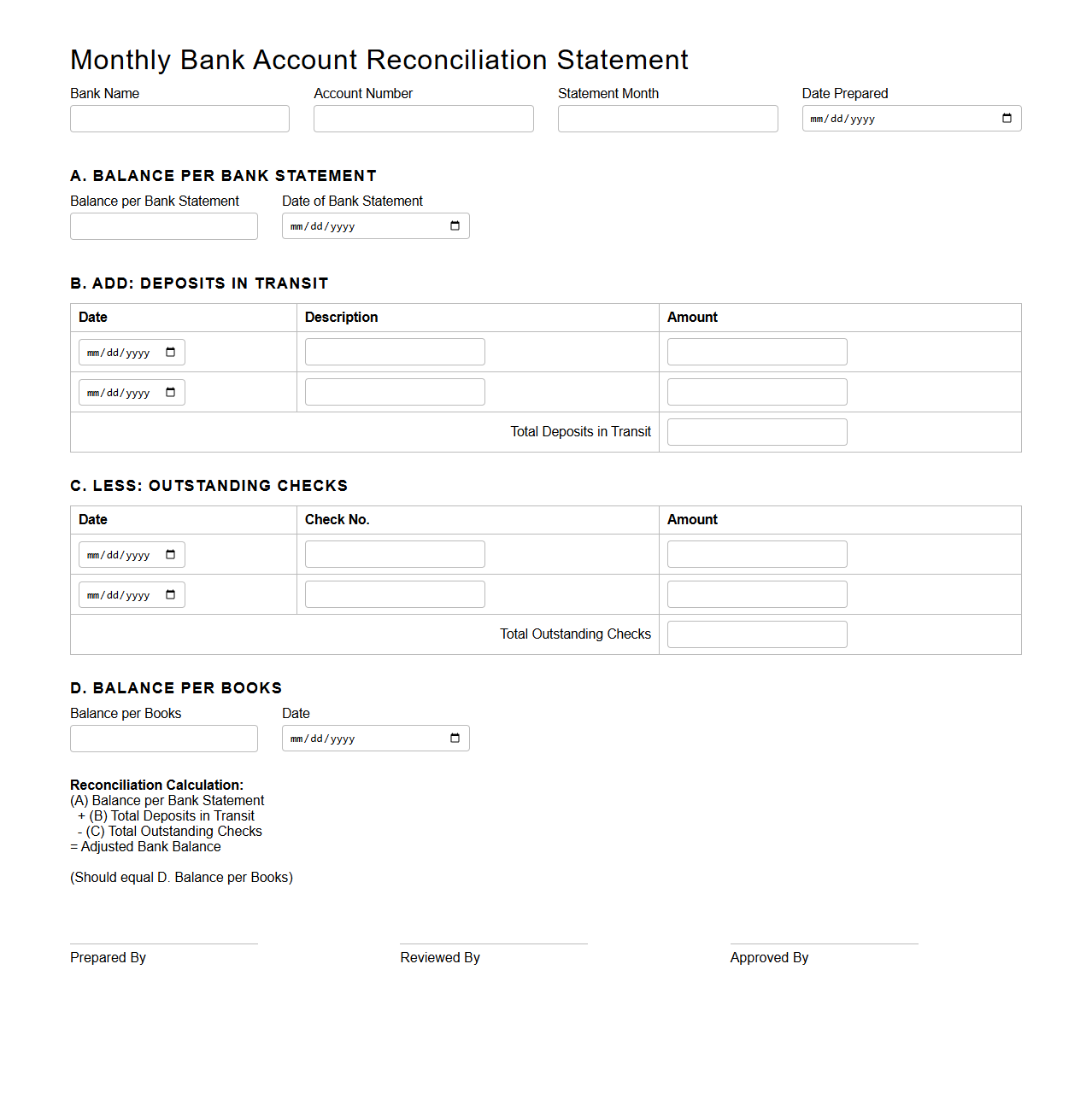 Monthly Bank Account Reconciliation Statement Template