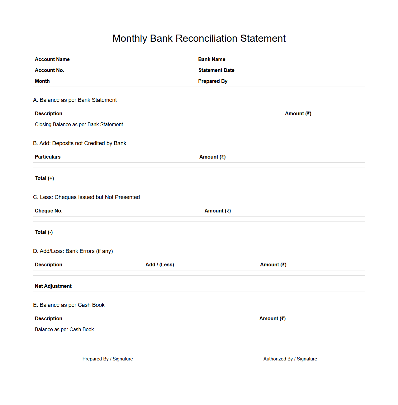 Monthly Bank Reconciliation Statement Template