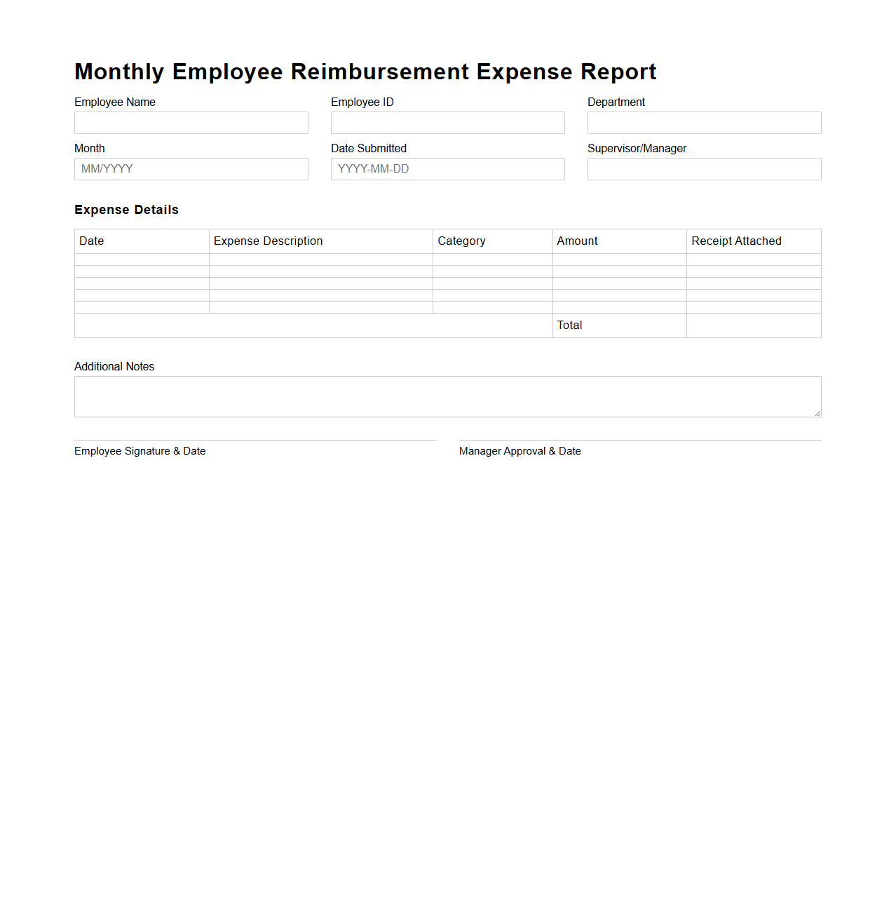 Monthly Employee Reimbursement Expense Report Template