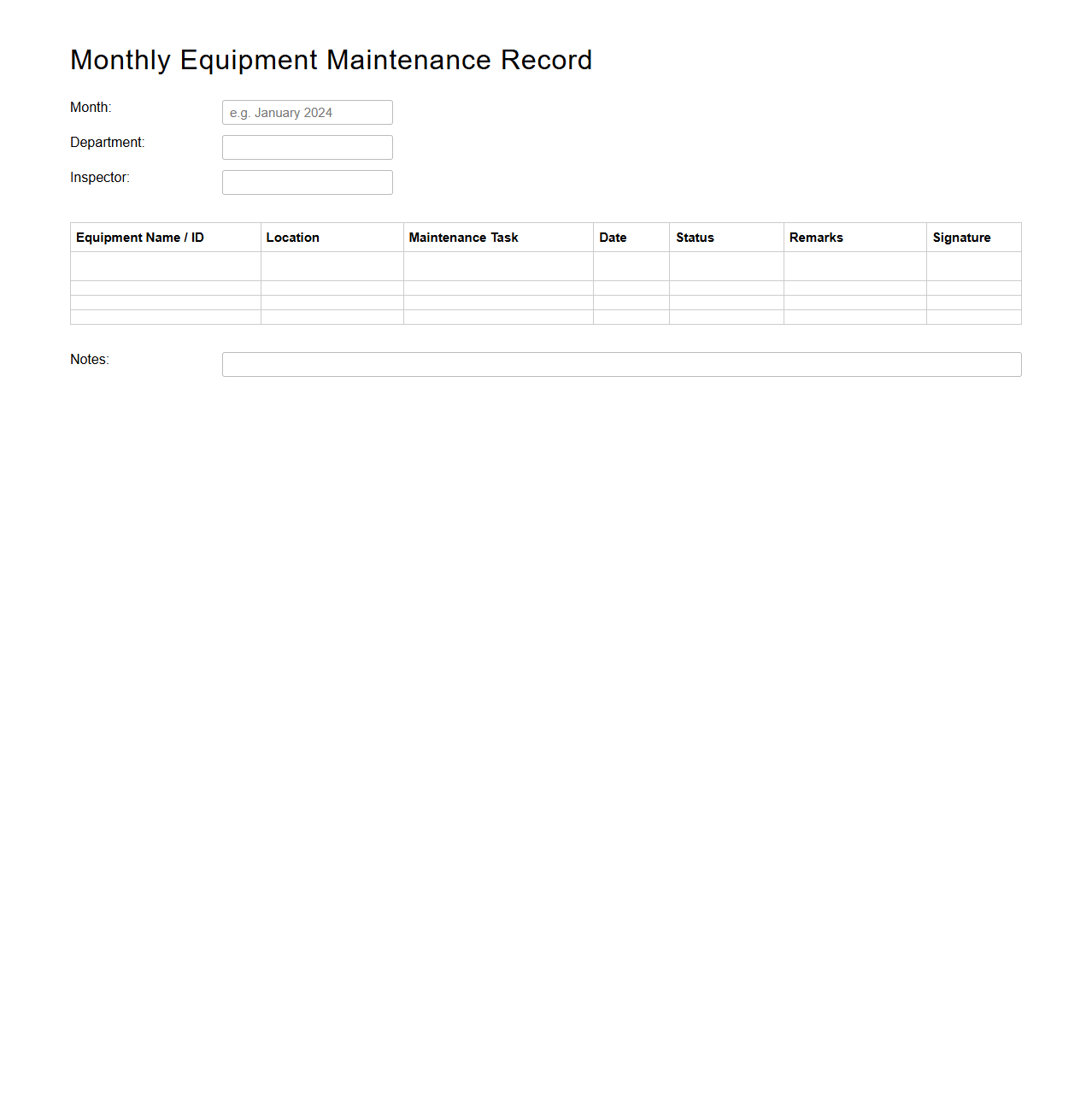 Monthly Equipment Maintenance Record Template