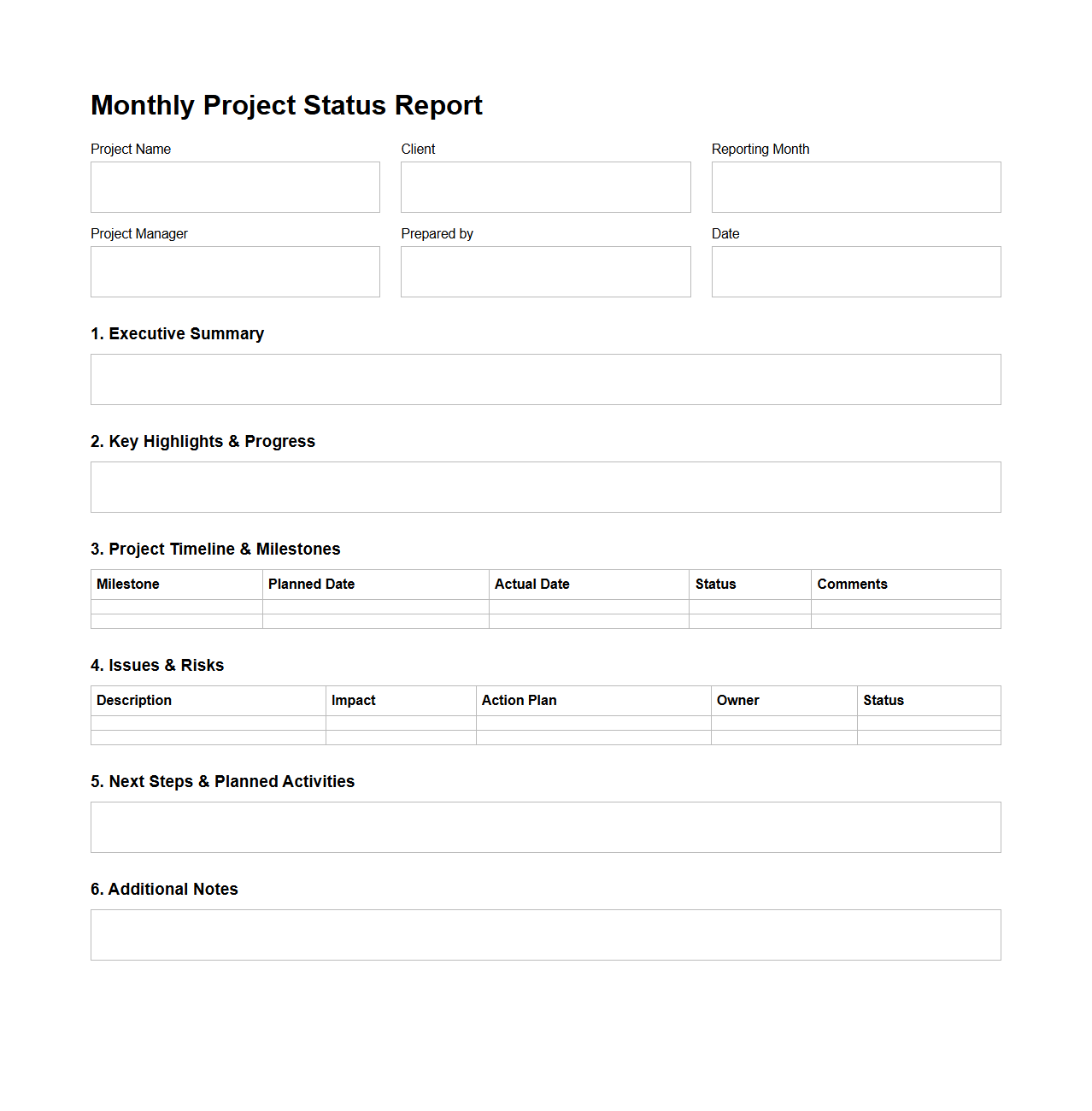 Monthly Project Status Report Template for Consulting Firms