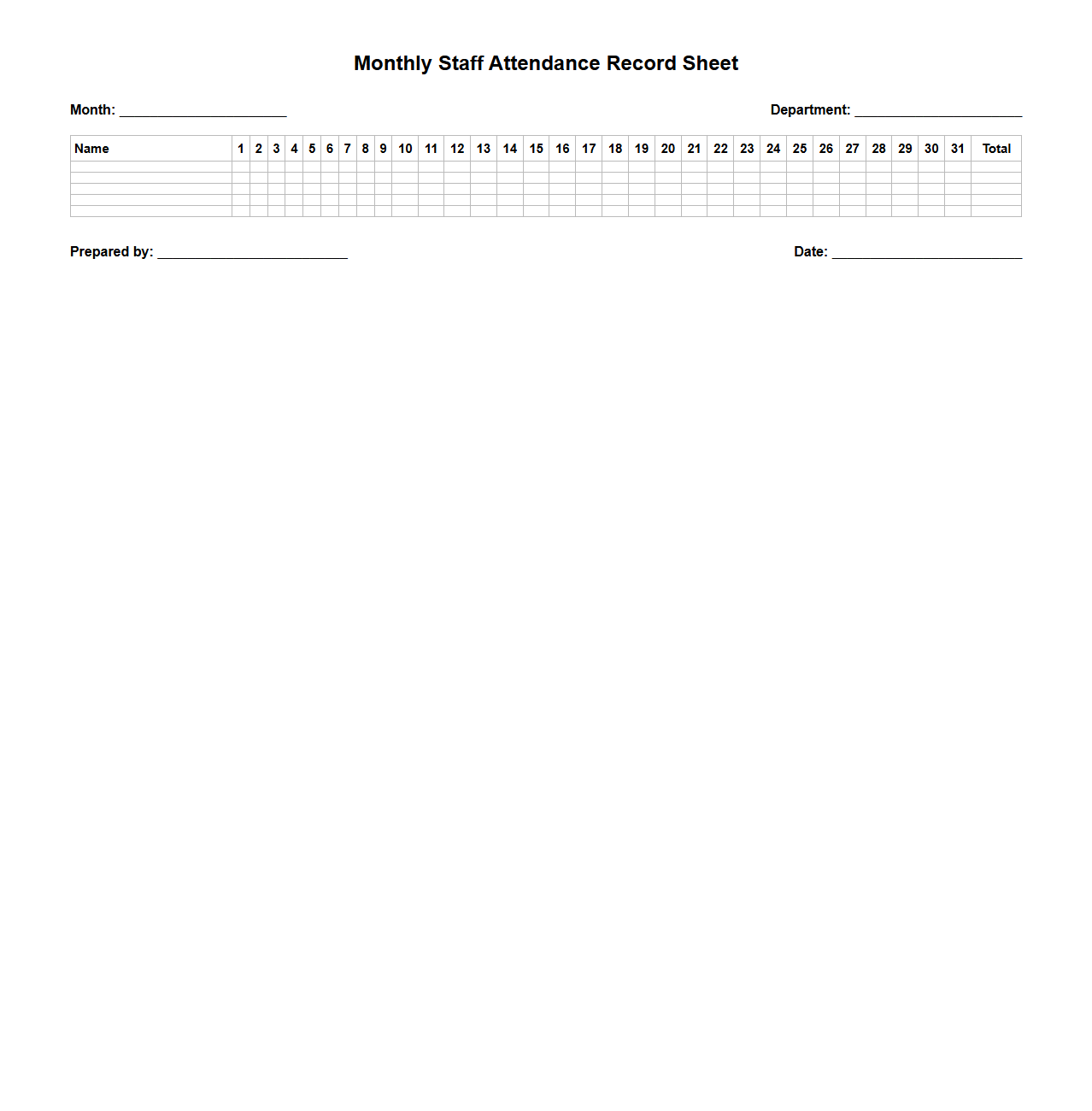 Monthly Staff Attendance Record Sheet