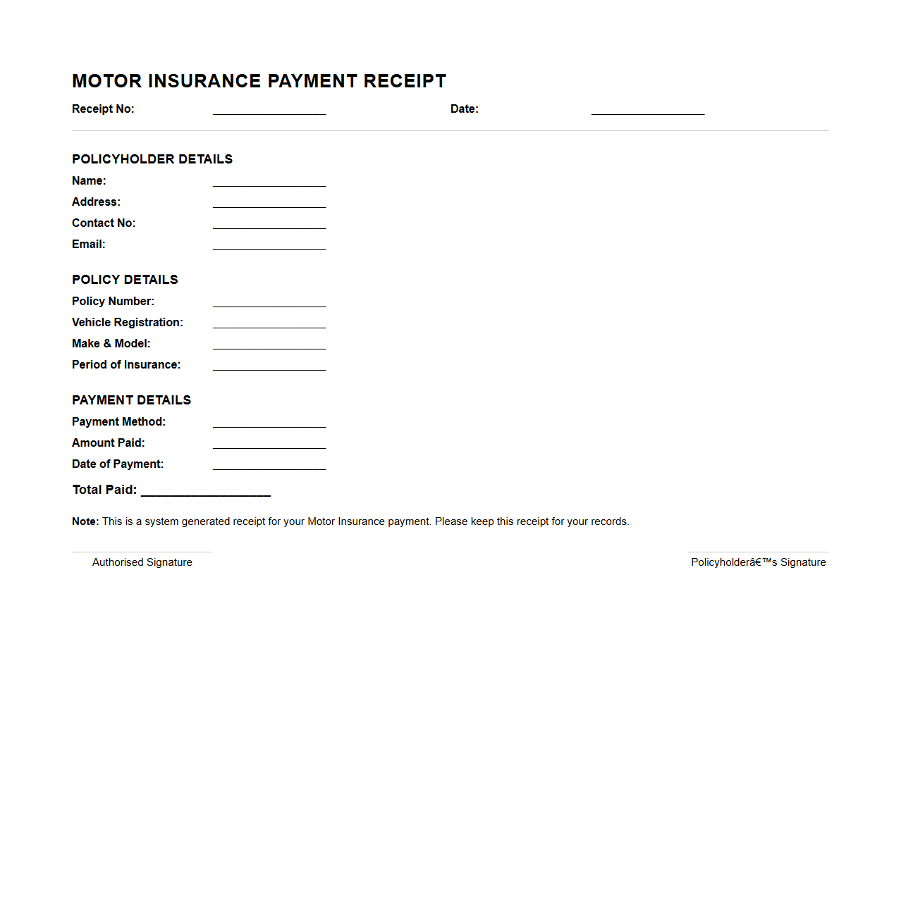 Motor Insurance Policy Payment Receipt Template