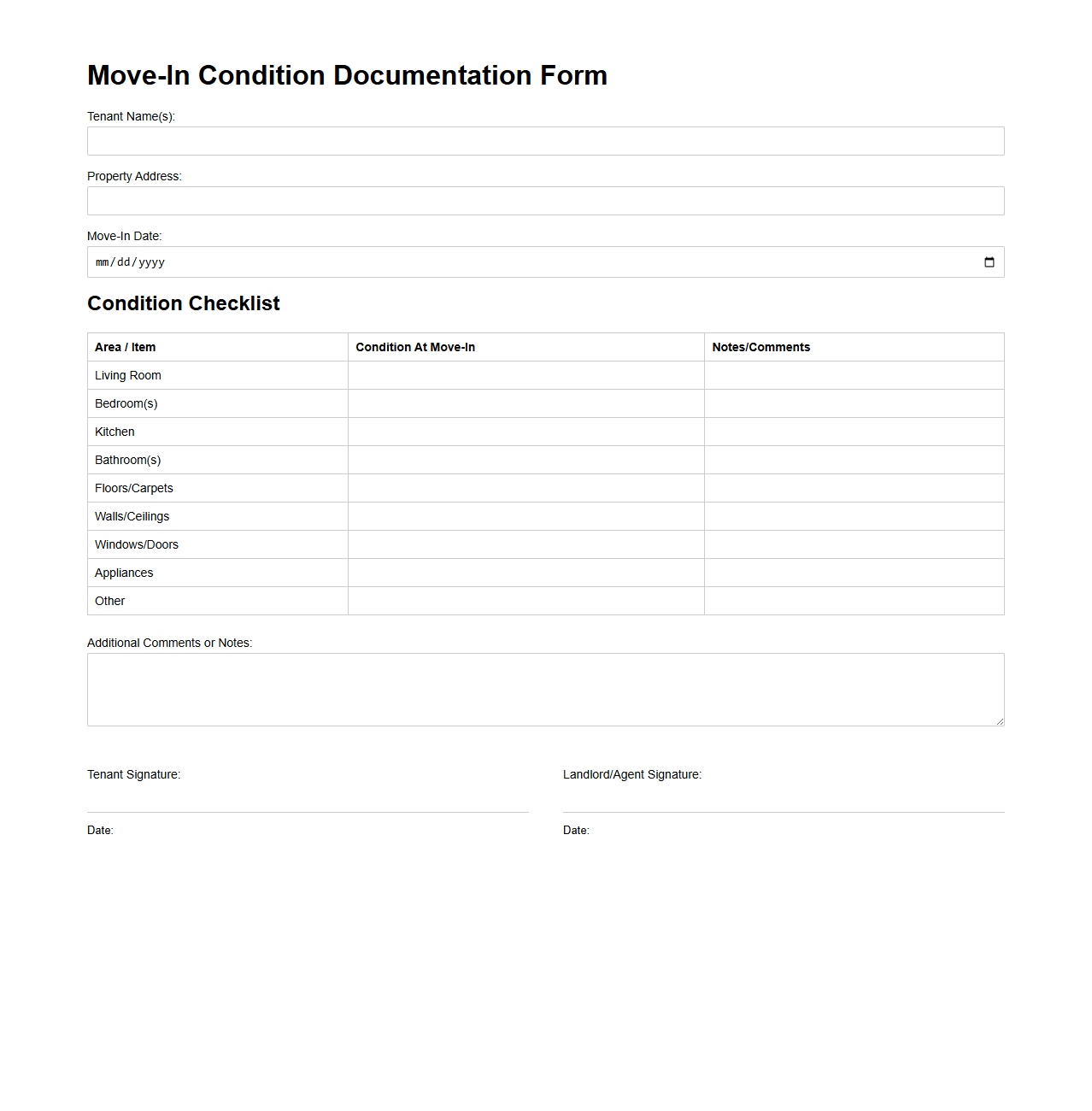 Move-In Condition Documentation Form