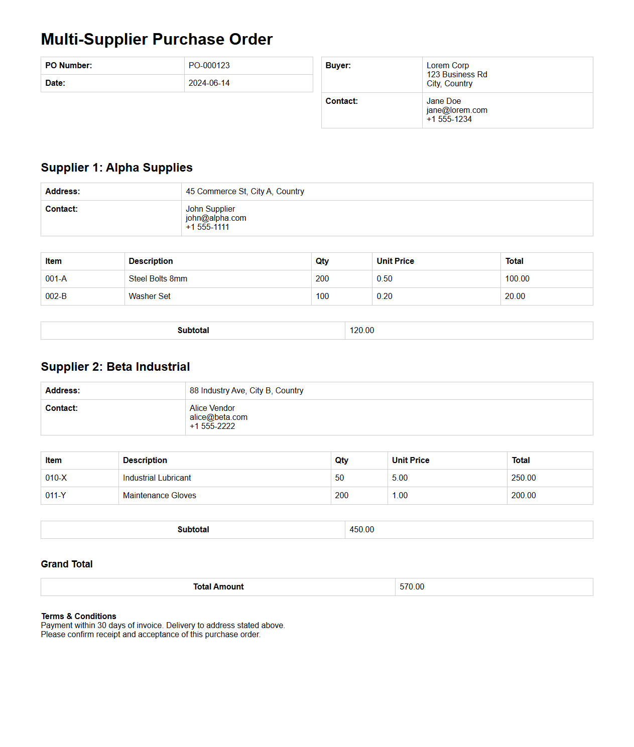 Multi-Supplier Purchase Order Document Sample