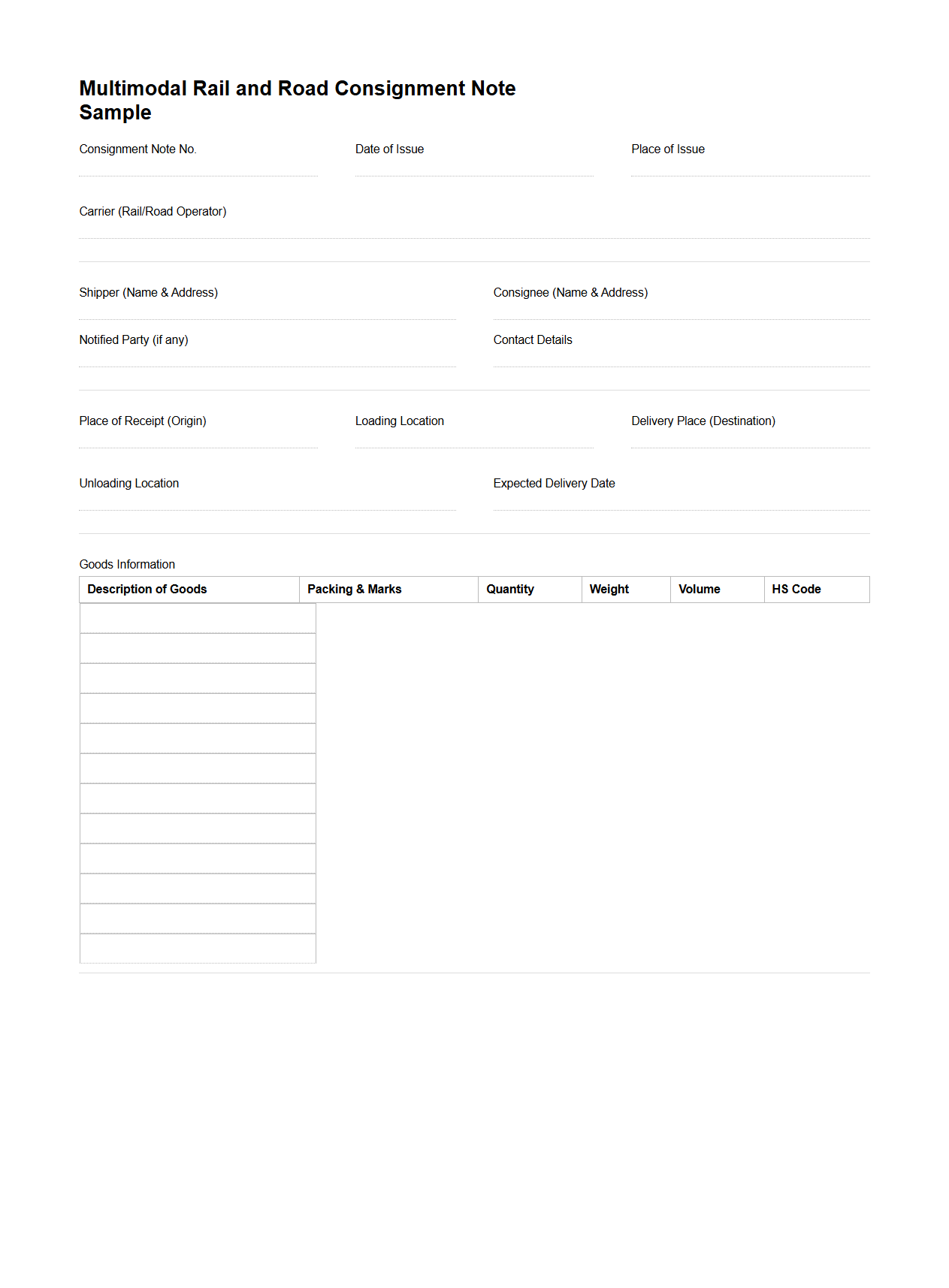 Multimodal Rail and Road Consignment Note Sample
