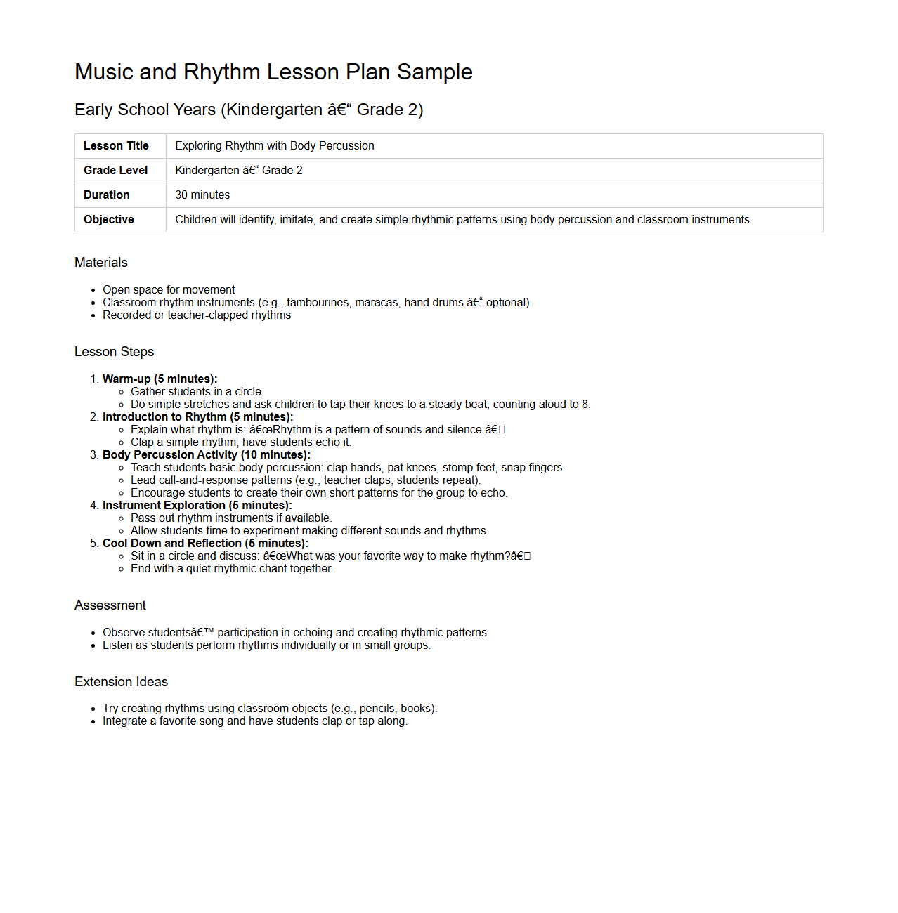 Music and Rhythm Lesson Plan Sample for Early School Years