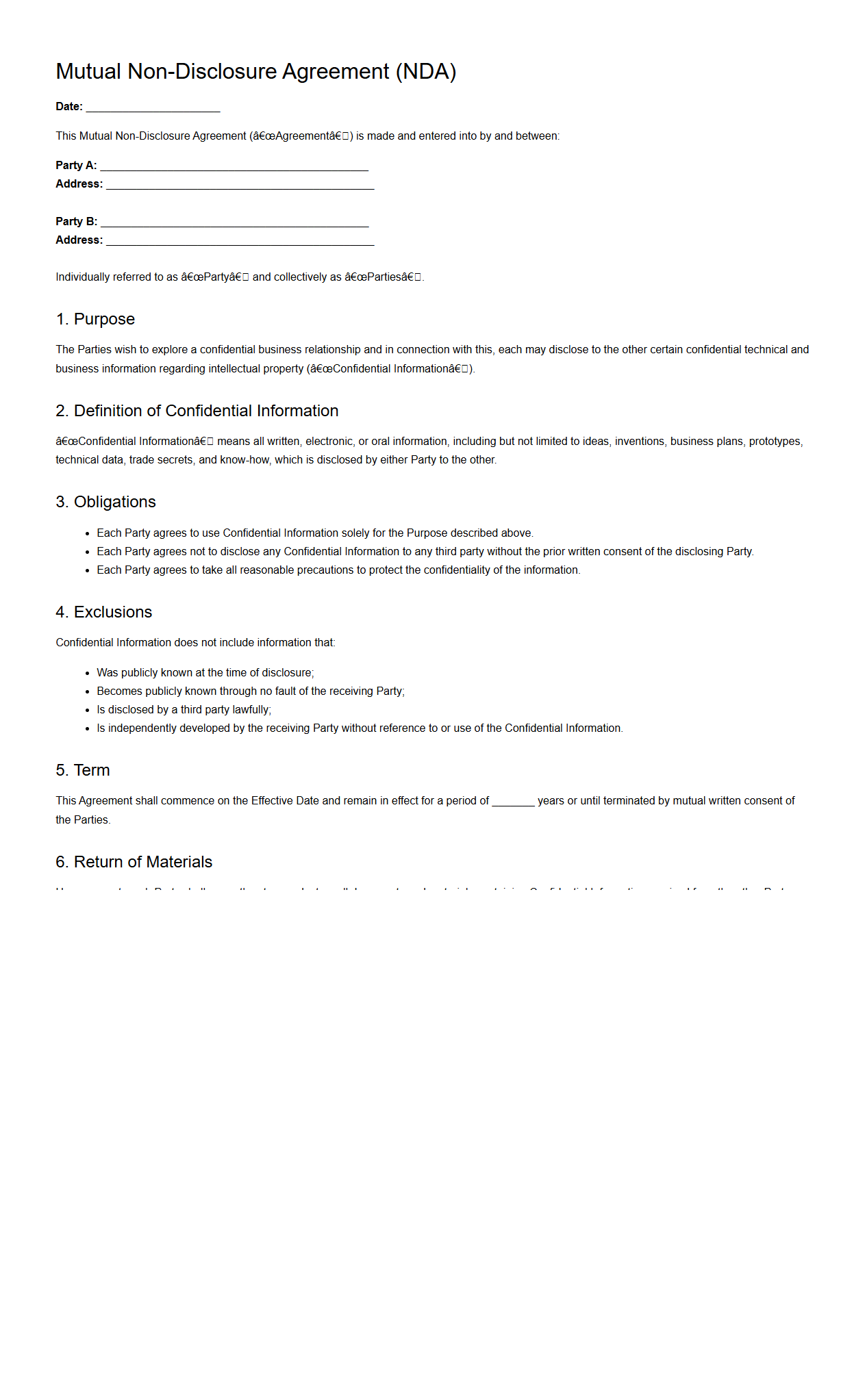 Mutual Non-Disclosure Agreement for Intellectual Property