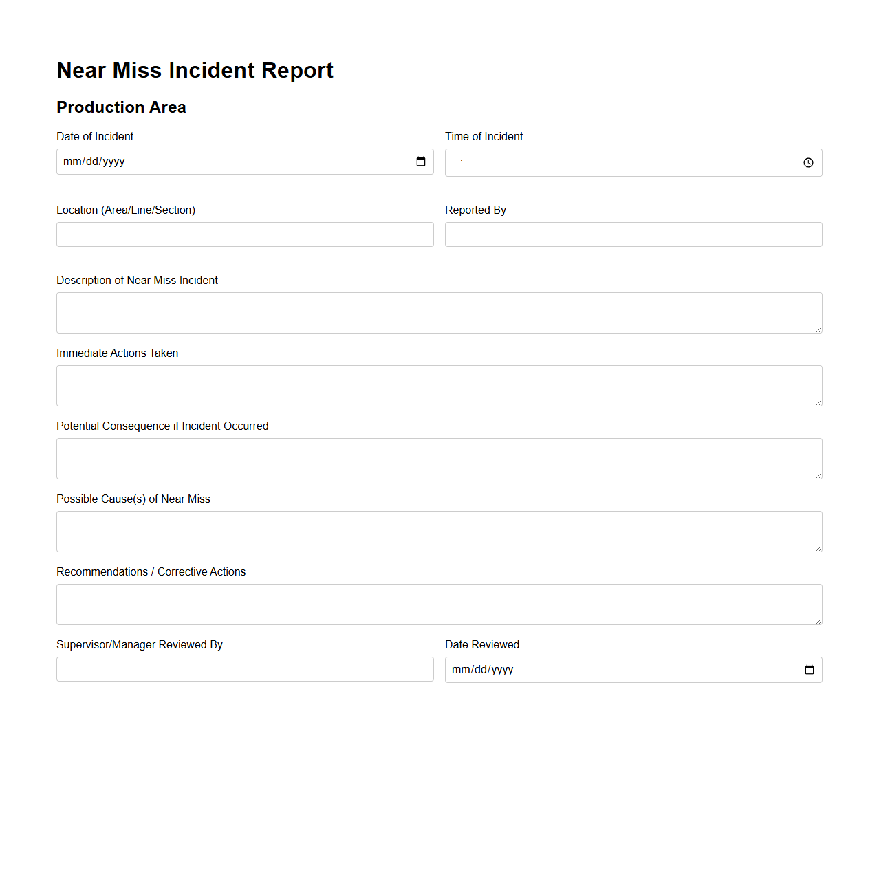 Near Miss Incident Report in Production Area