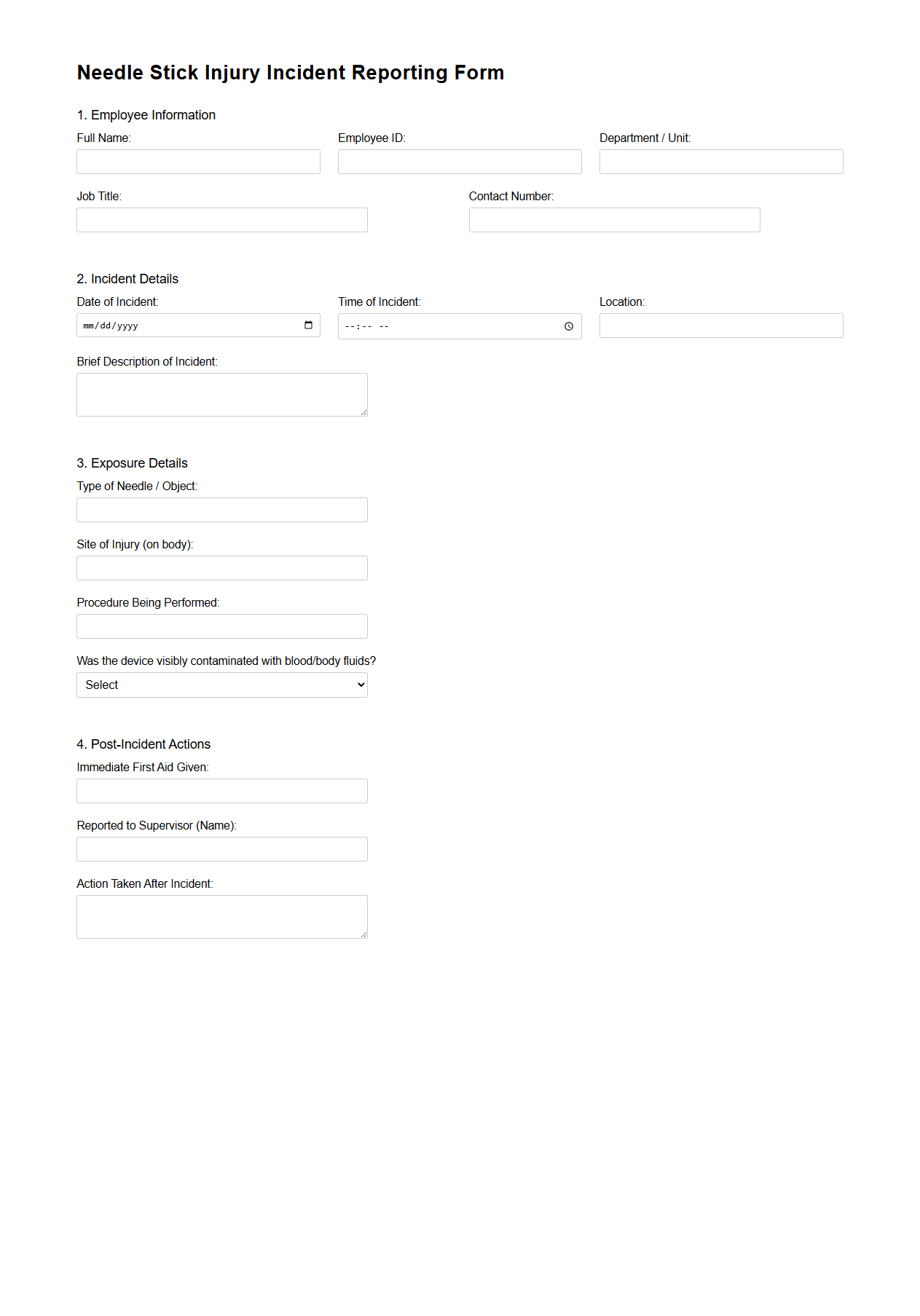 Needle Stick Injury Incident Reporting Form