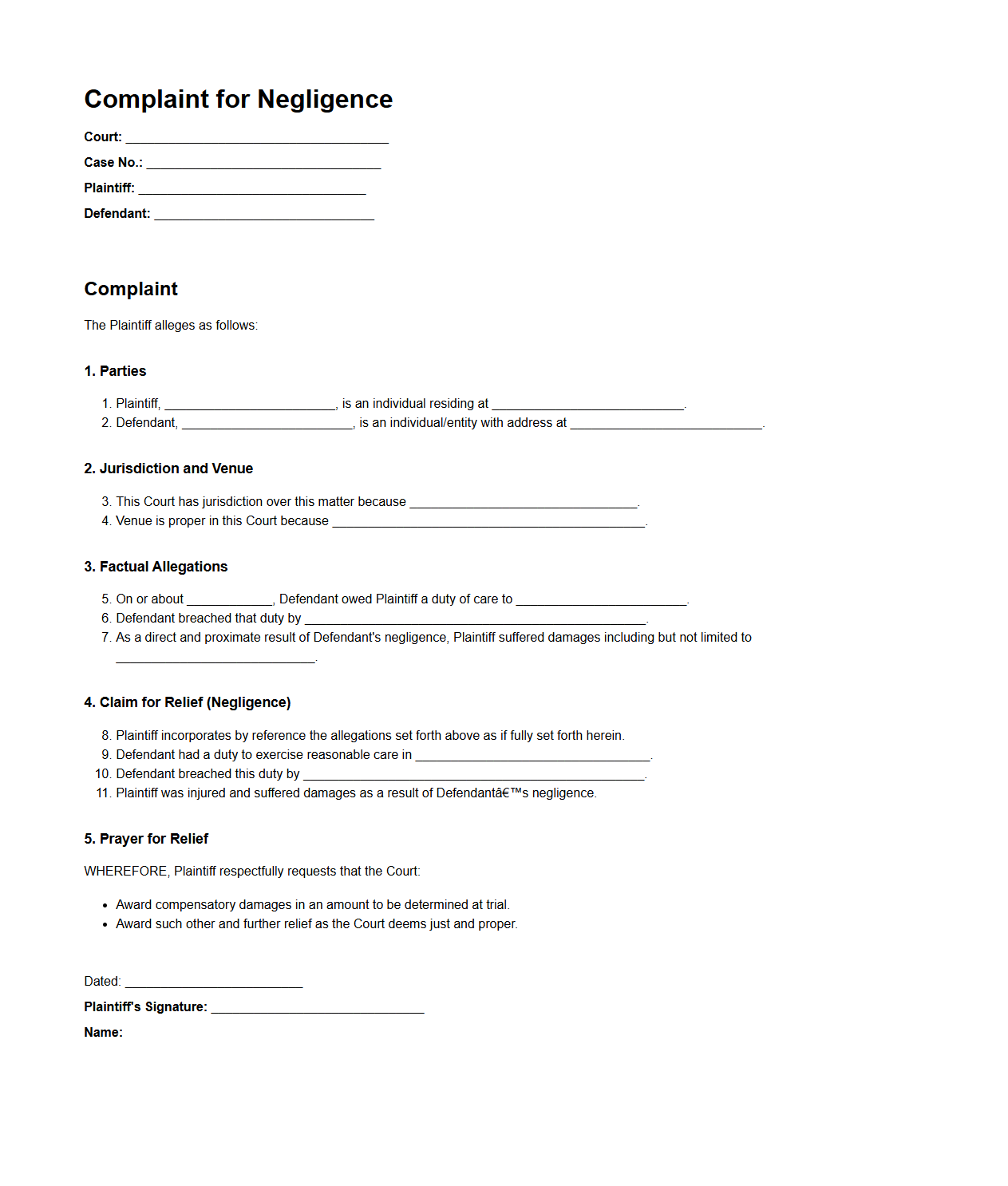 Negligence Claim Complaint Format