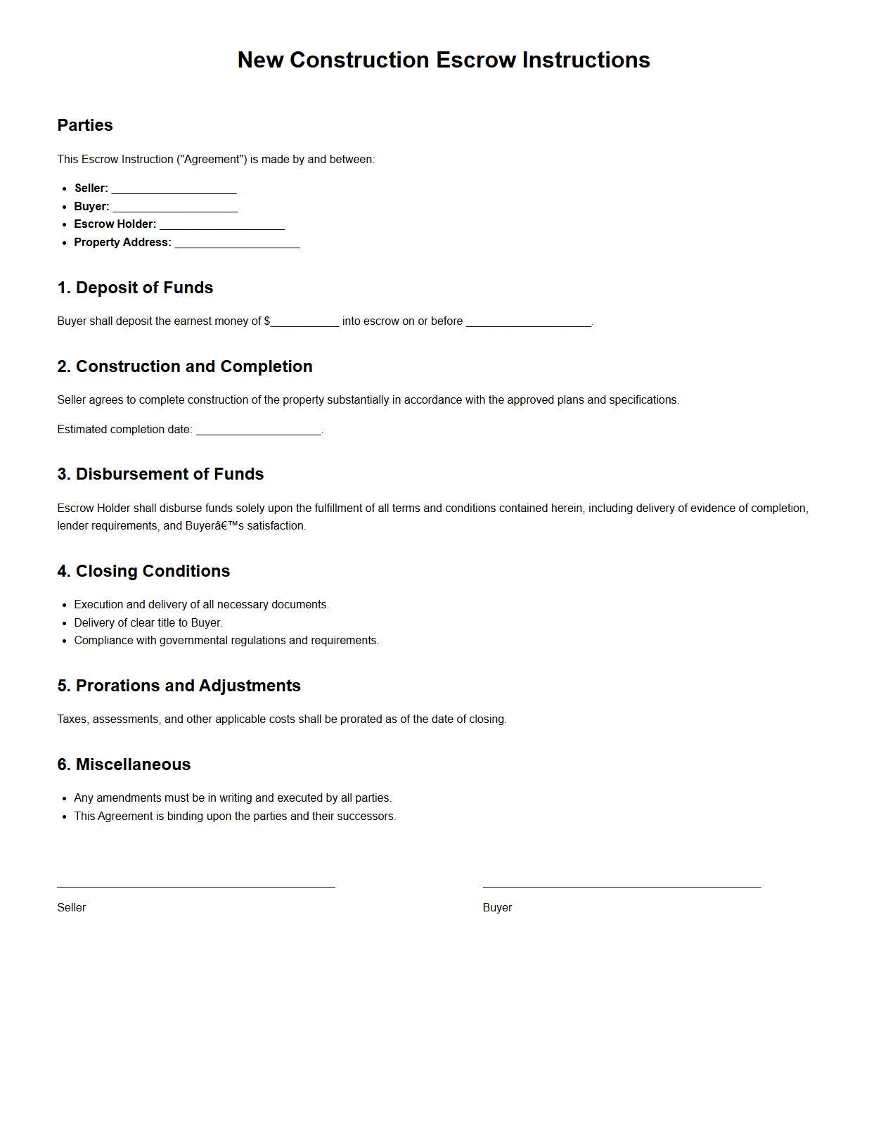 New Construction Escrow Instructions Sample