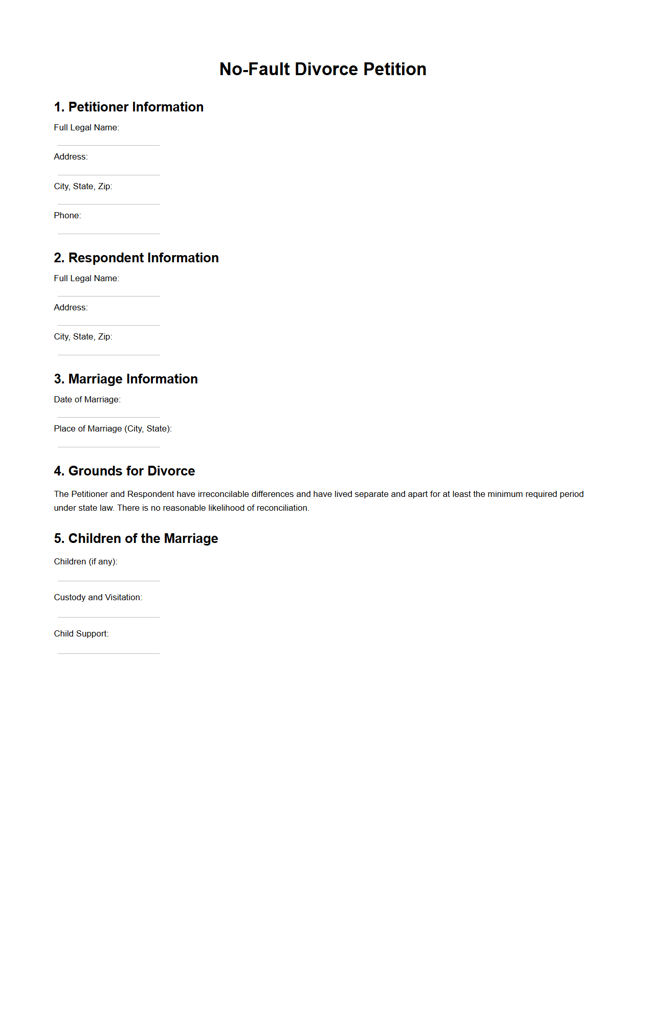 No-Fault Divorce Petition Sample