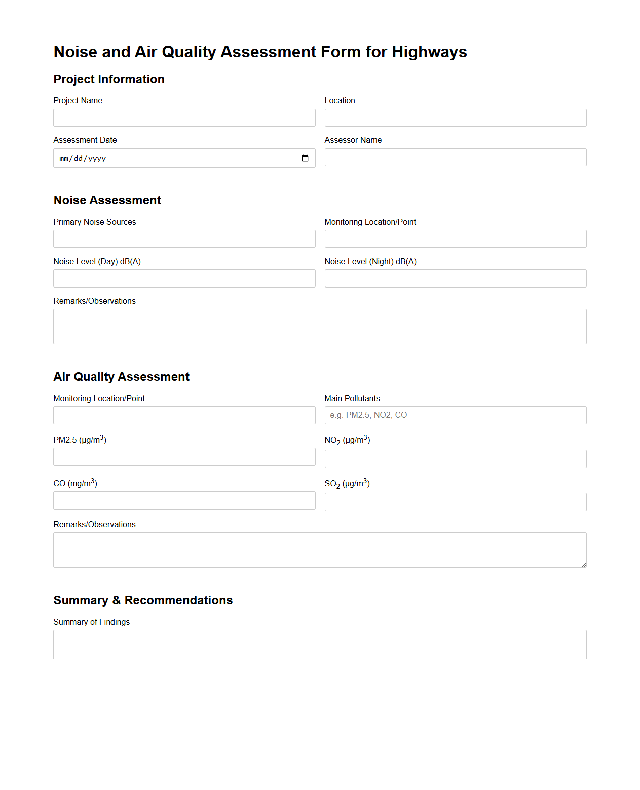 Noise and Air Quality Assessment Form for Highways