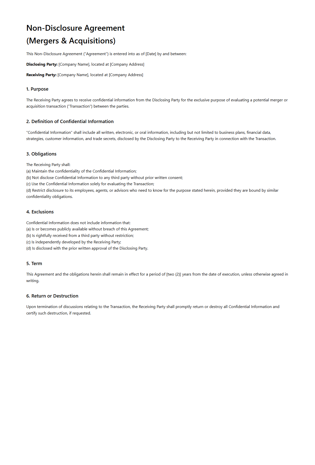 Non-Disclosure Agreement for Mergers and Acquisitions