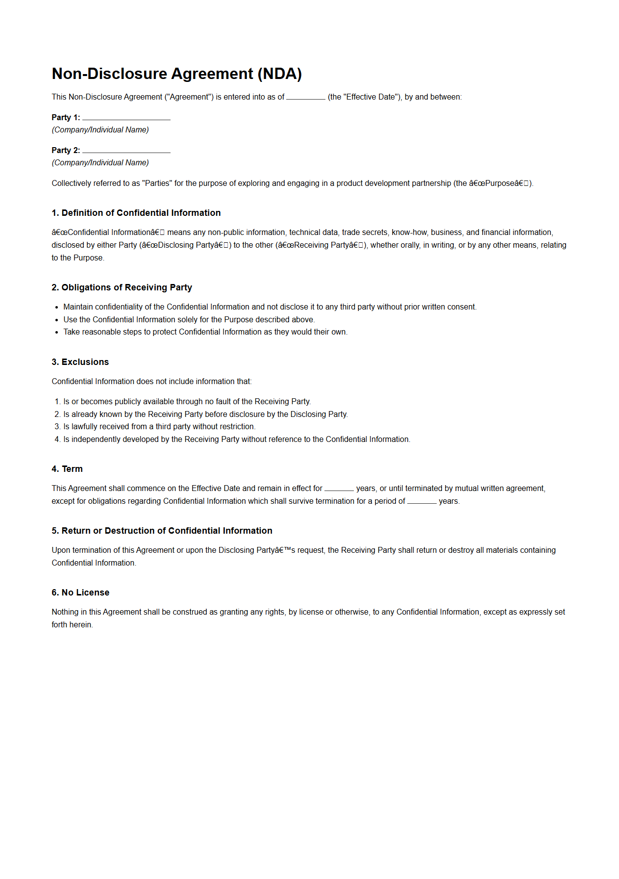 Non-Disclosure Agreement for Product Development Partnerships