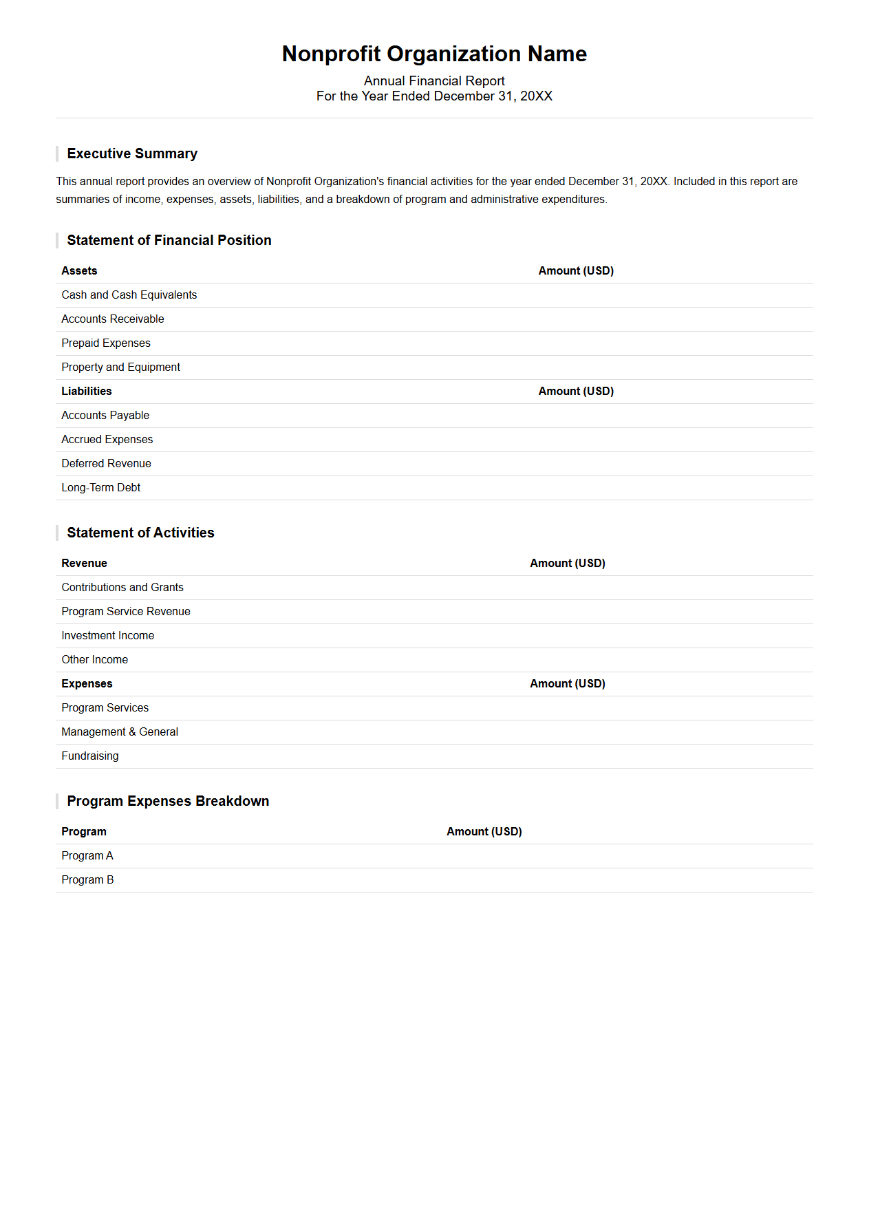 Nonprofit Annual Financial Report Layout
