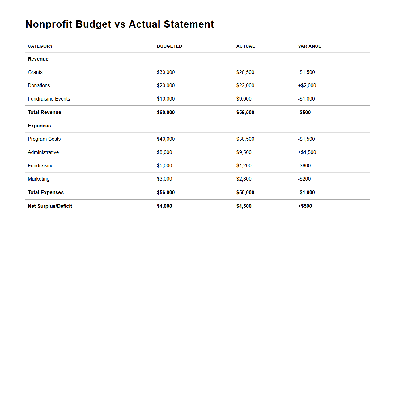 Nonprofit Budget vs Actual Statement Sample