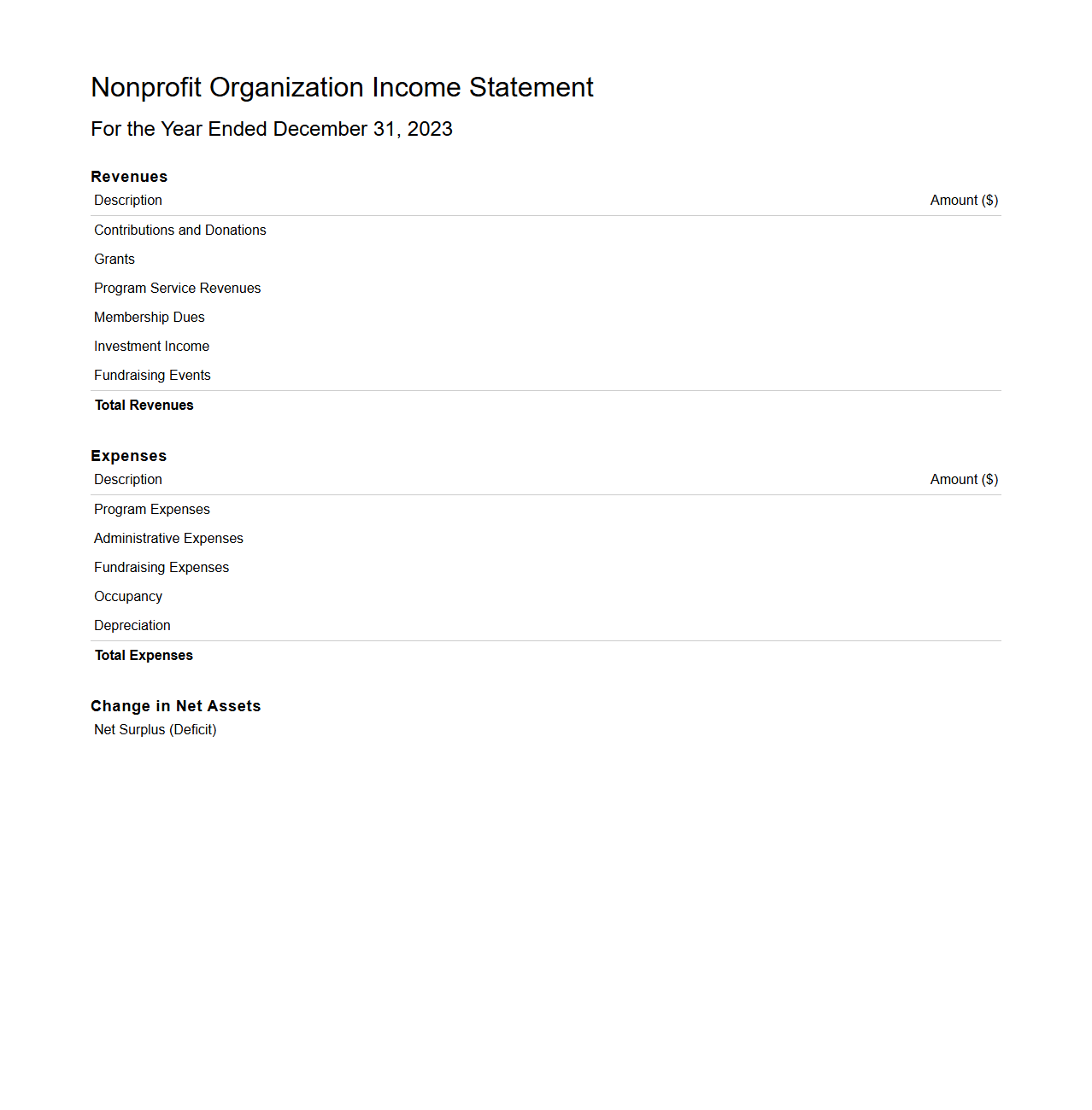 Nonprofit Organization Income Statement Example for Financial Assessment
