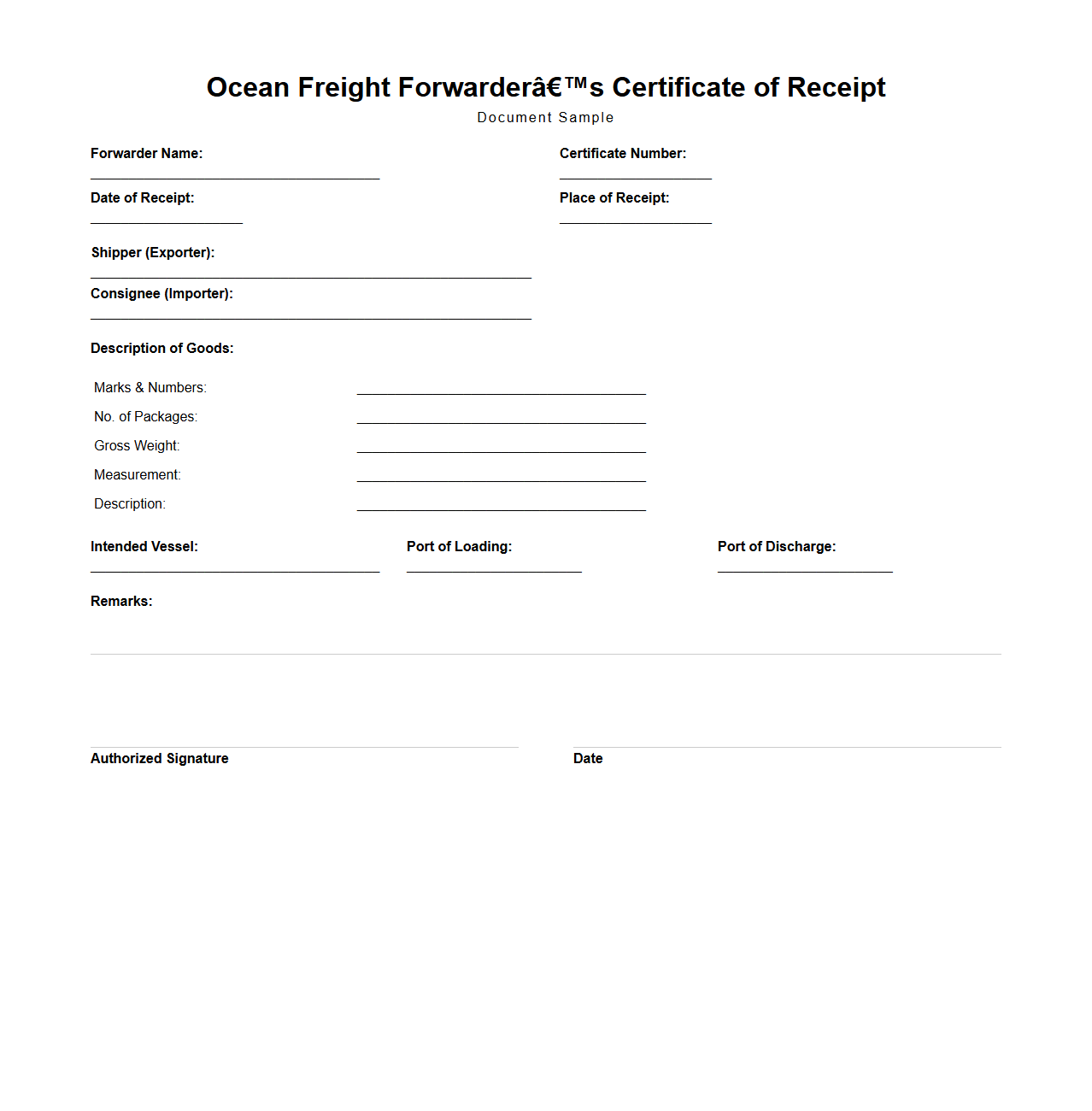 Ocean Freight Forwarder’s Certificate of Receipt Document Sample