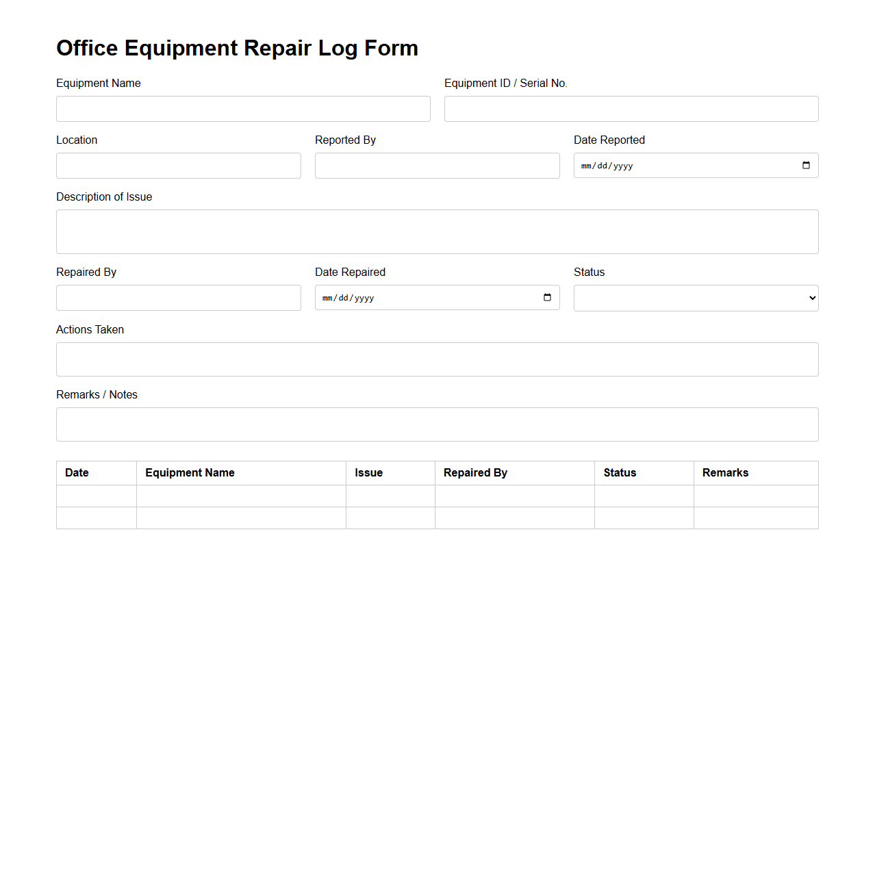 Office Equipment Repair Log Form