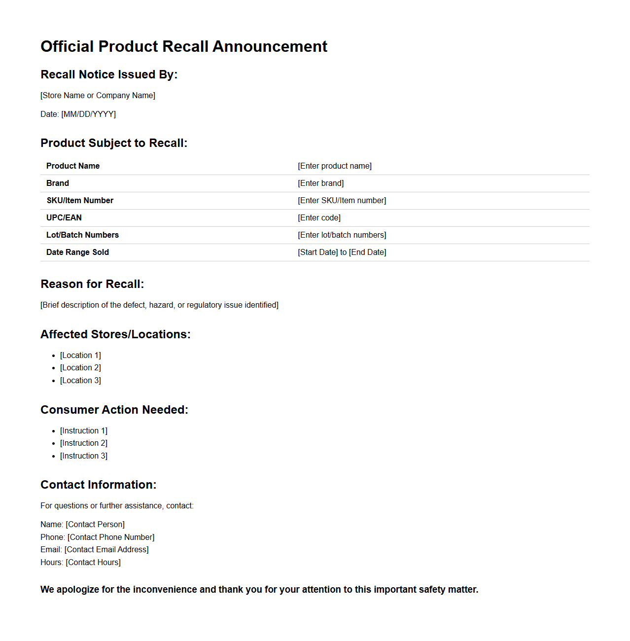 Official Product Recall Announcement Format for Stores
