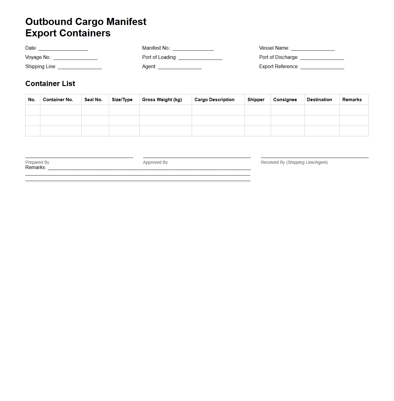 Outbound Cargo Manifest for Export Containers