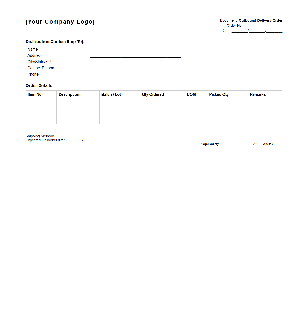 Outbound Delivery Order Document for Distribution Centers